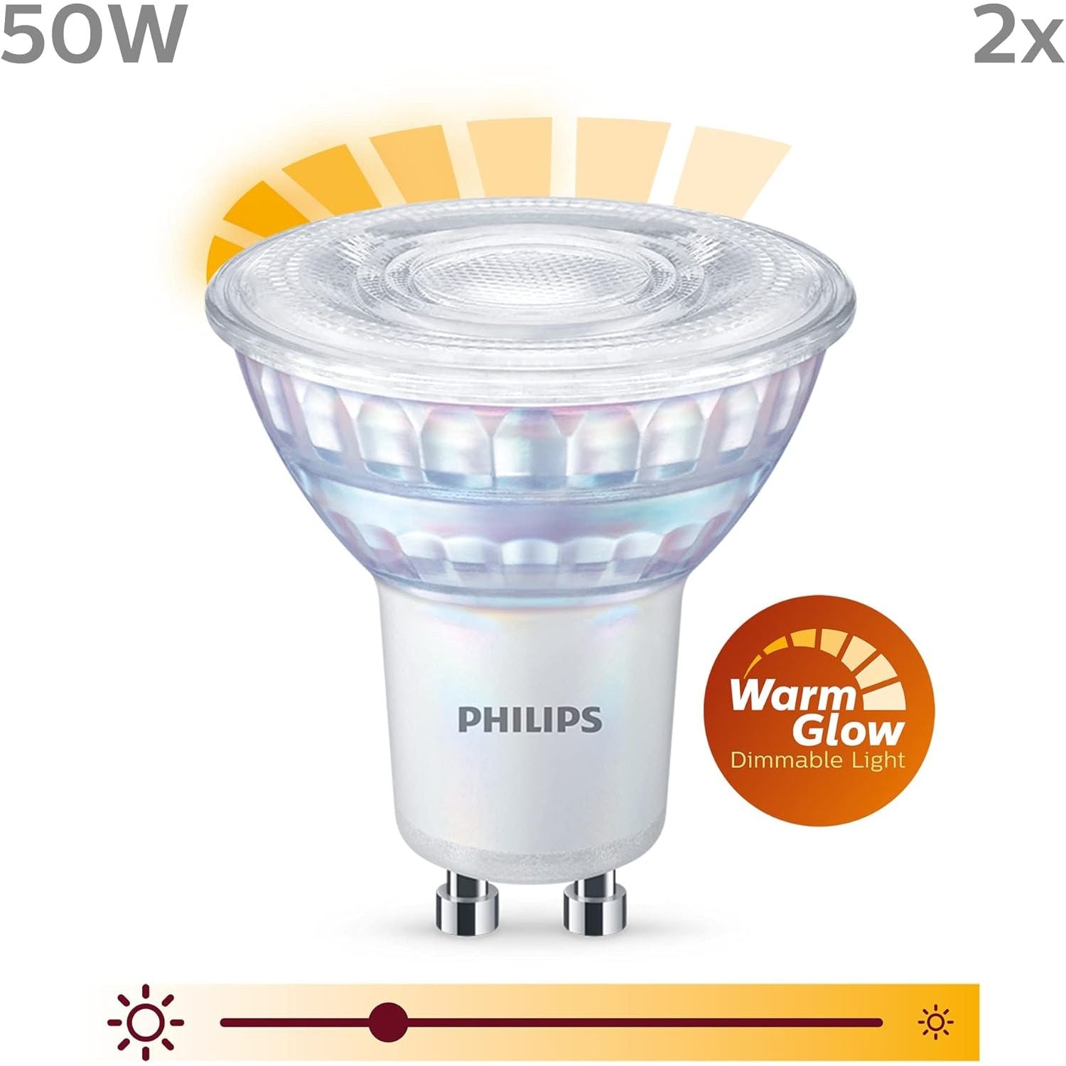 Philips LED Classic Dimmable Light Spot 2 Pack – GU10, 3.8W, 50W Equivalent, Warm Glow (2200–2700K), 220-240V, Energy Class F