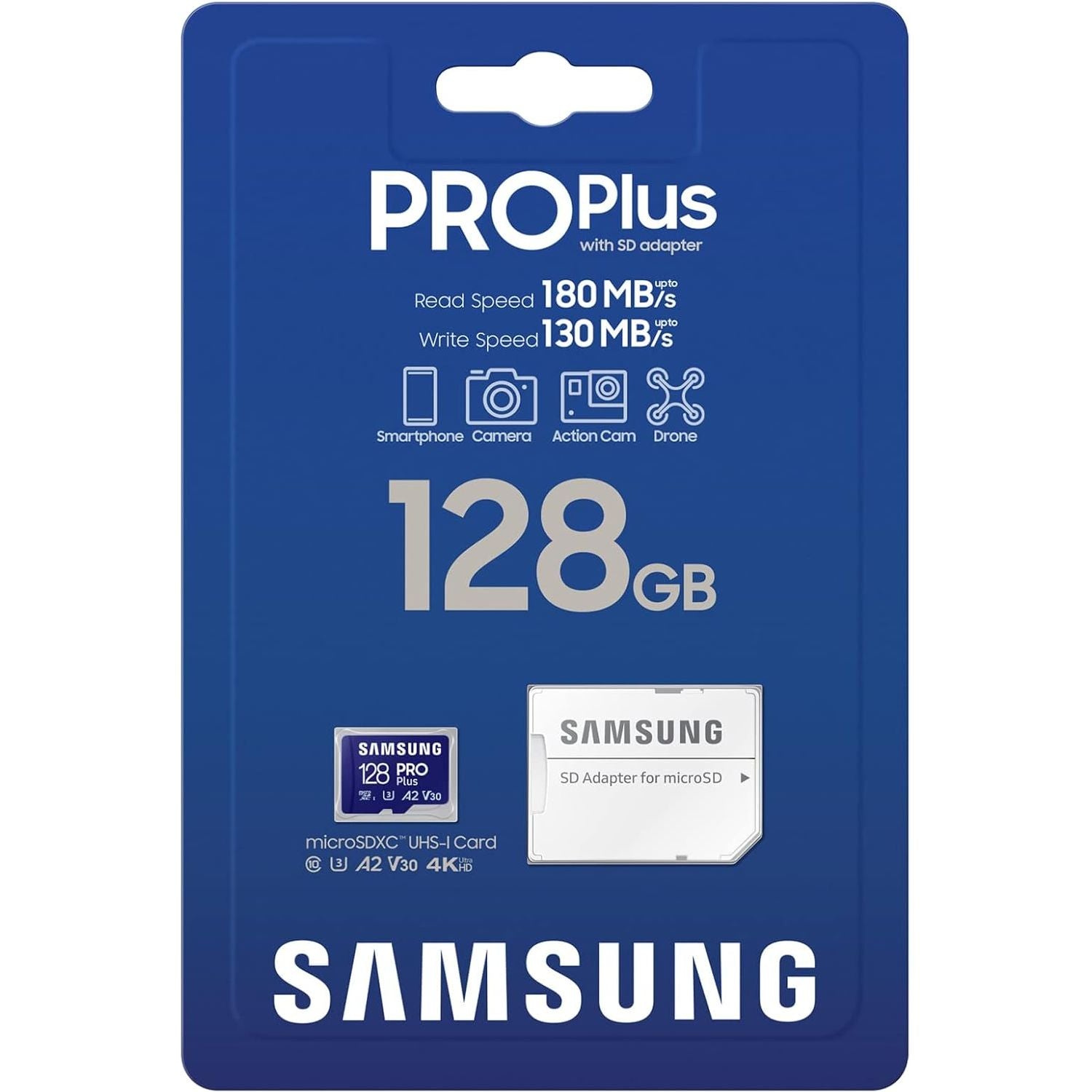 Samsung PRO Plus 128GB MicroSD Card UHS-I U3 – 180MB/s Read, 130MB/s Write, Includes USB Reader