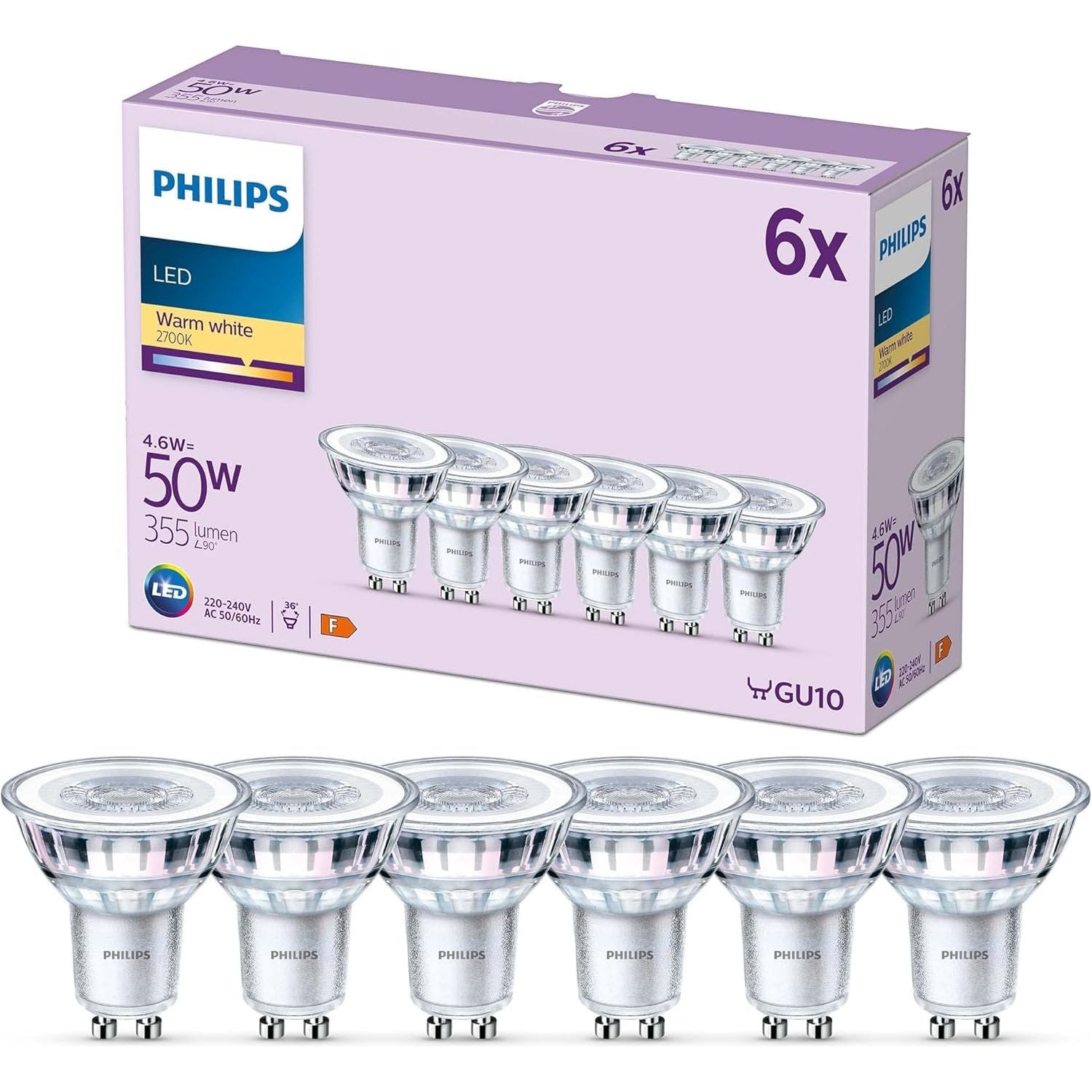 PHILIPS LED Classic Spot Light Bulb 6 Pack – Warm White 2700K, GU10, 50W Equivalent, Non-Dimmable