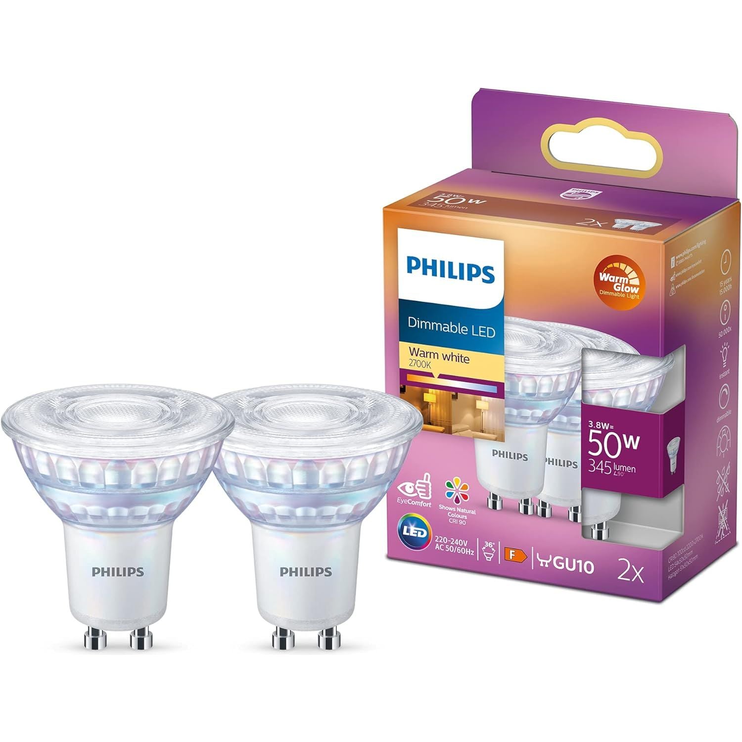 Philips LED Classic Dimmable Light Spot 2 Pack – GU10, 3.8W, 50W Equivalent, Warm Glow (2200–2700K), 220-240V, Energy Class F