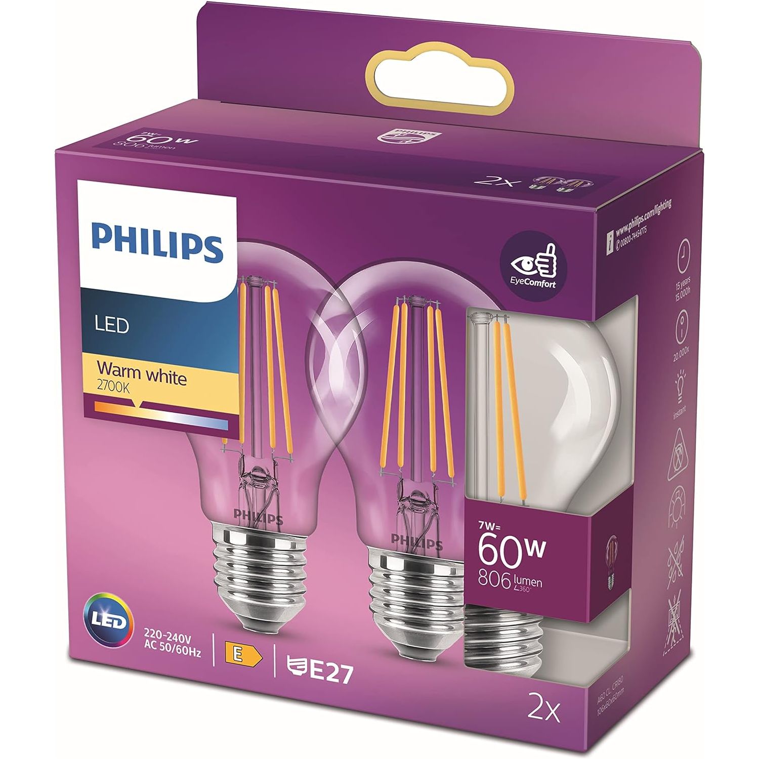Philips LED Classic A60 Light Bulb – 7W (60W Equivalent), Warm White 2700K, Non-Dimmable, E27 Edison Screw (Set of 2)
