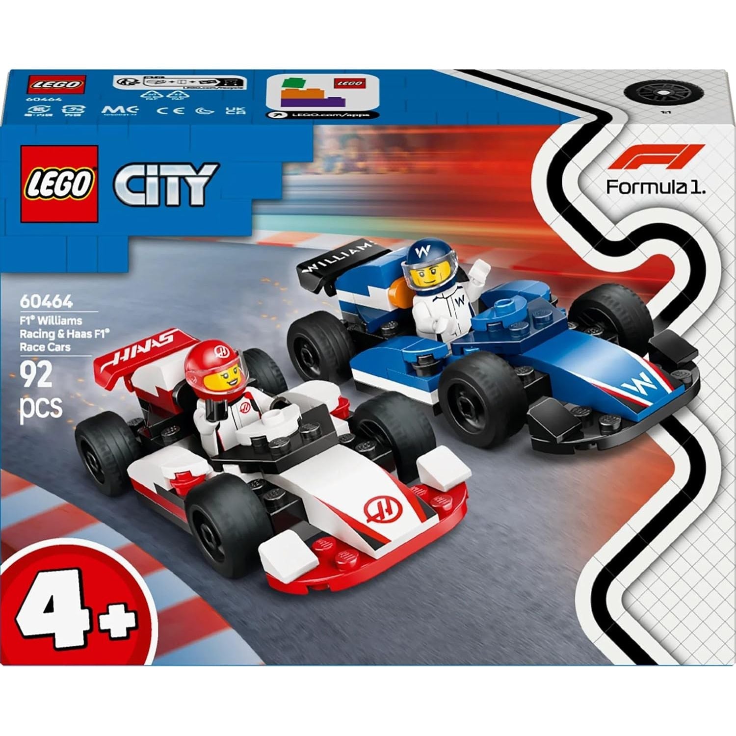 LEGO City F1 Williams Racing & Haas F1 Race Cars – Building Set with 2 Driver Minifigures & Start Lights