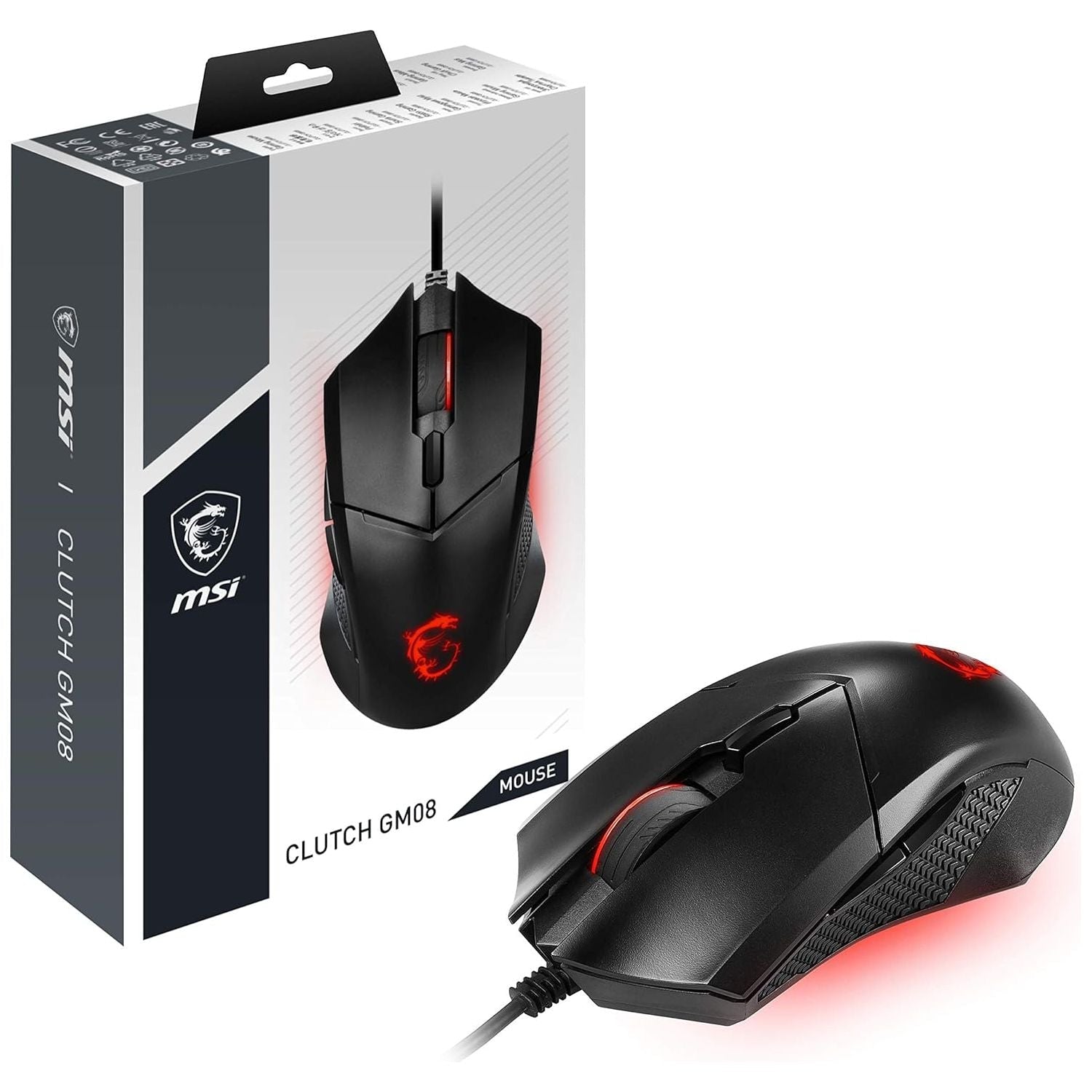 MSI CLUTCH GM08 Gaming Mouse – Wired, 4200 DPI Optical Sensor, Symmetrical Design, 6 Buttons, Adjustable Weight, Red LED, 92g
