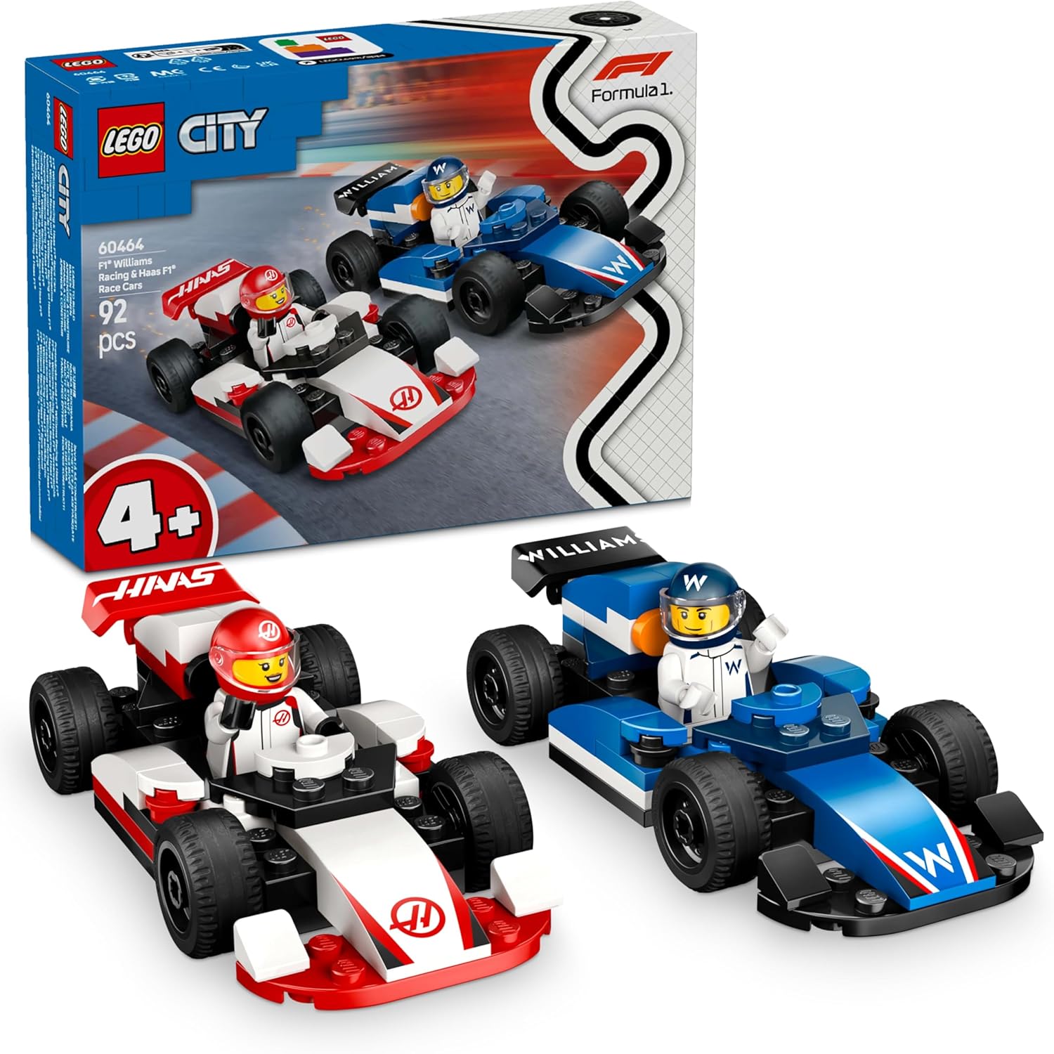 LEGO City F1 Williams Racing & Haas F1 Race Cars – Building Set with 2 Driver Minifigures & Start Lights