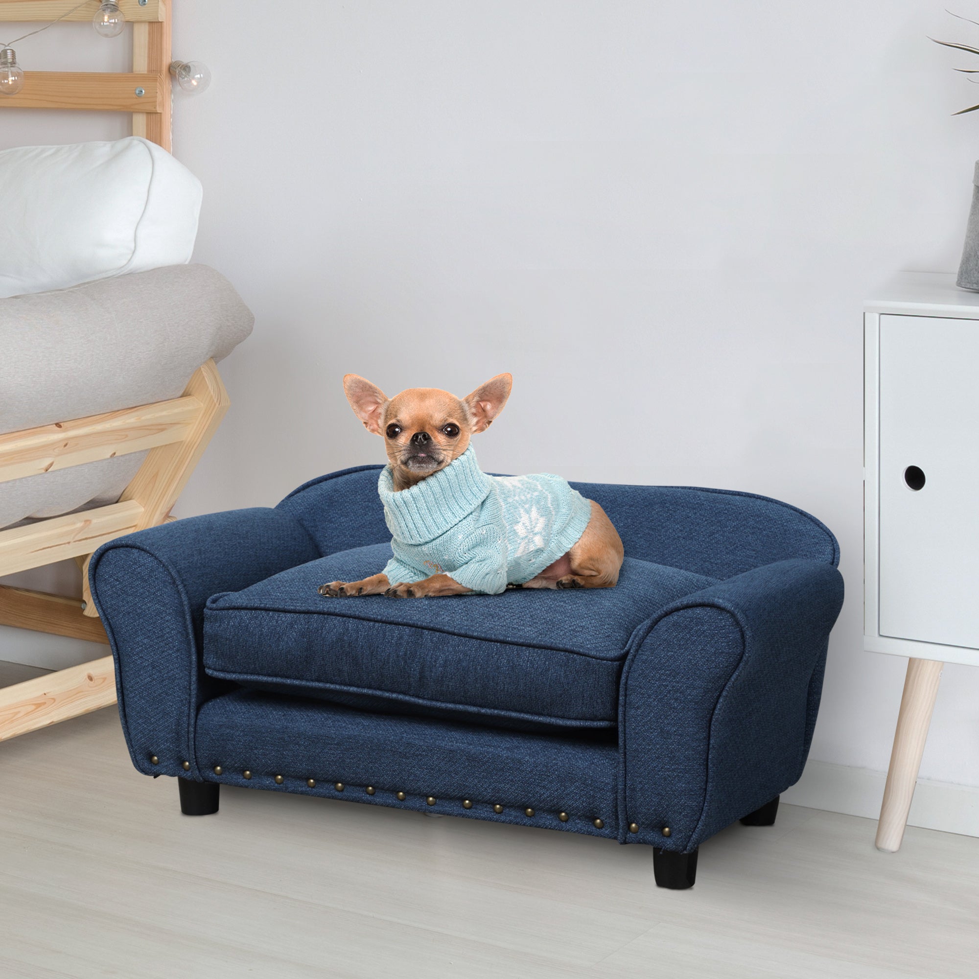 Dog Sofa for XS and S Size Dogs, Pet Chair Couch with Thick Sponge Padded Cushion, Kitten Lounge Bed with Washable Cover, Wooden Frame - Blue-1