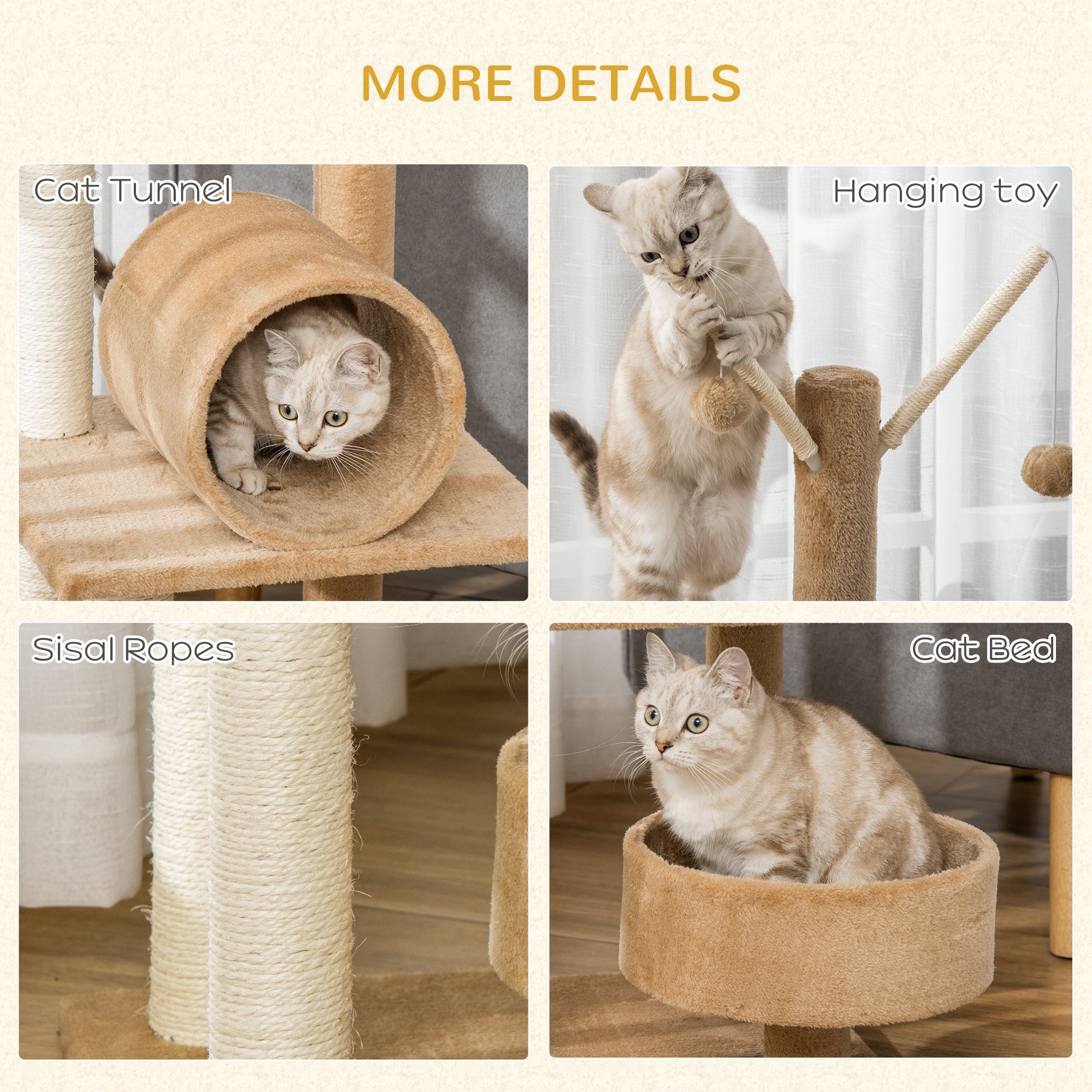 121cm Cat Tree Tower Kitten Activity Center Scratching Post with Bed Tunnel Perch Interactive Ball Toy Brown-4