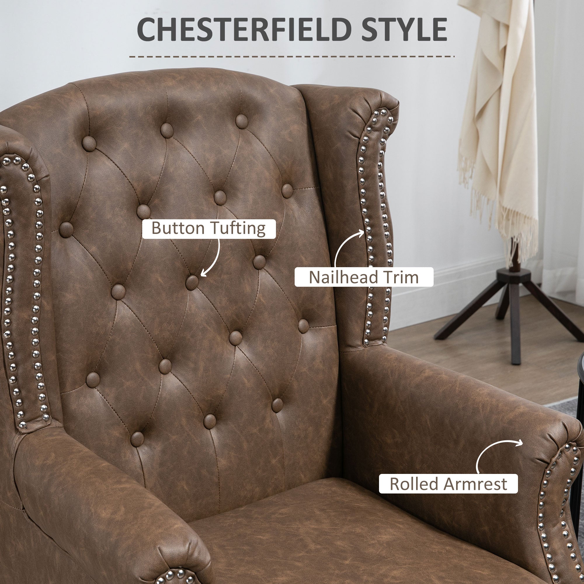 Wingback Accent Chair Tufted Chesterfield-style Armchair with Nail Head Trim for Living Room Bedroom Brown-4