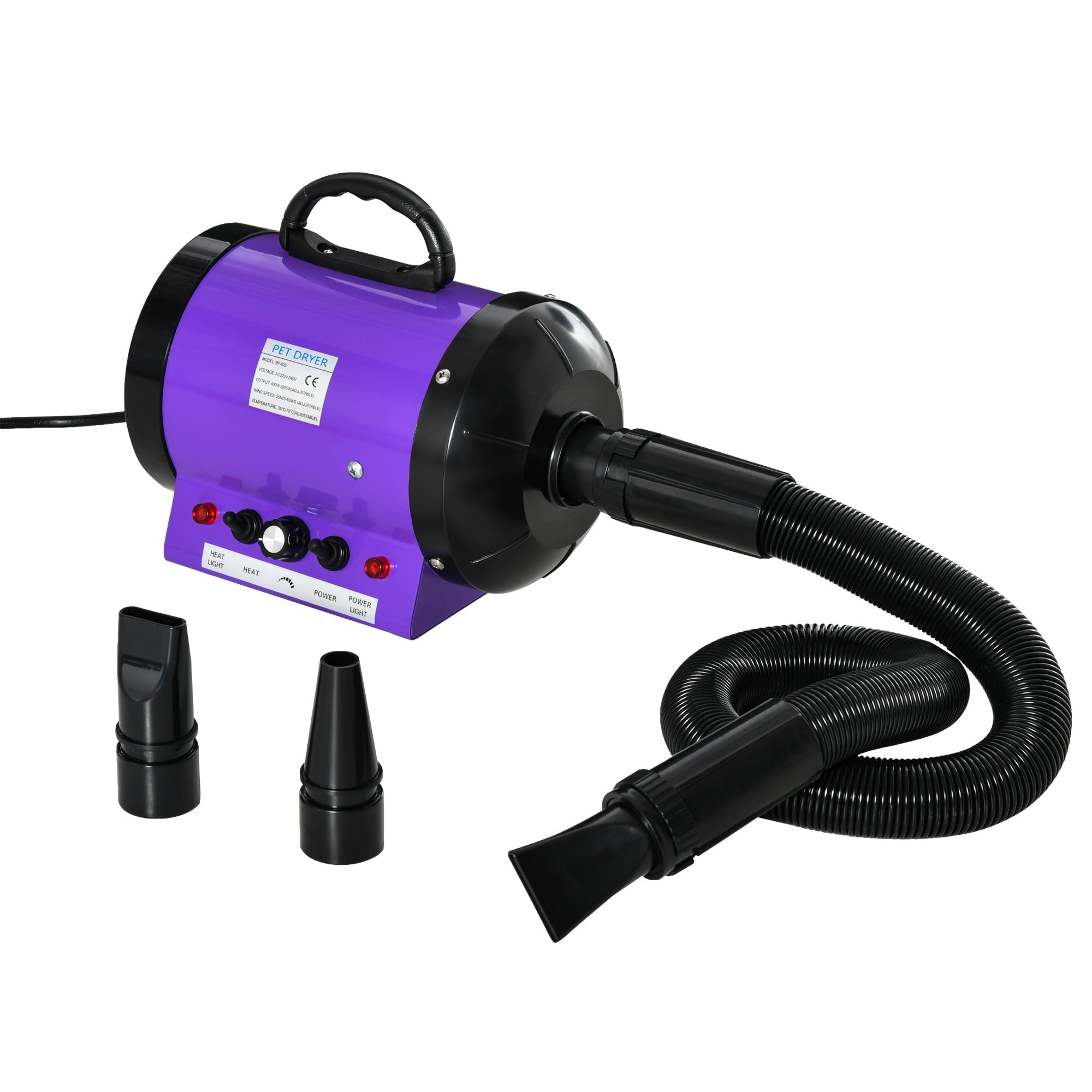 2800W Dog Hair Dryer Pet Grooming Blaster Water Blower Dryer w/ 3 Nozzles, Purple-0