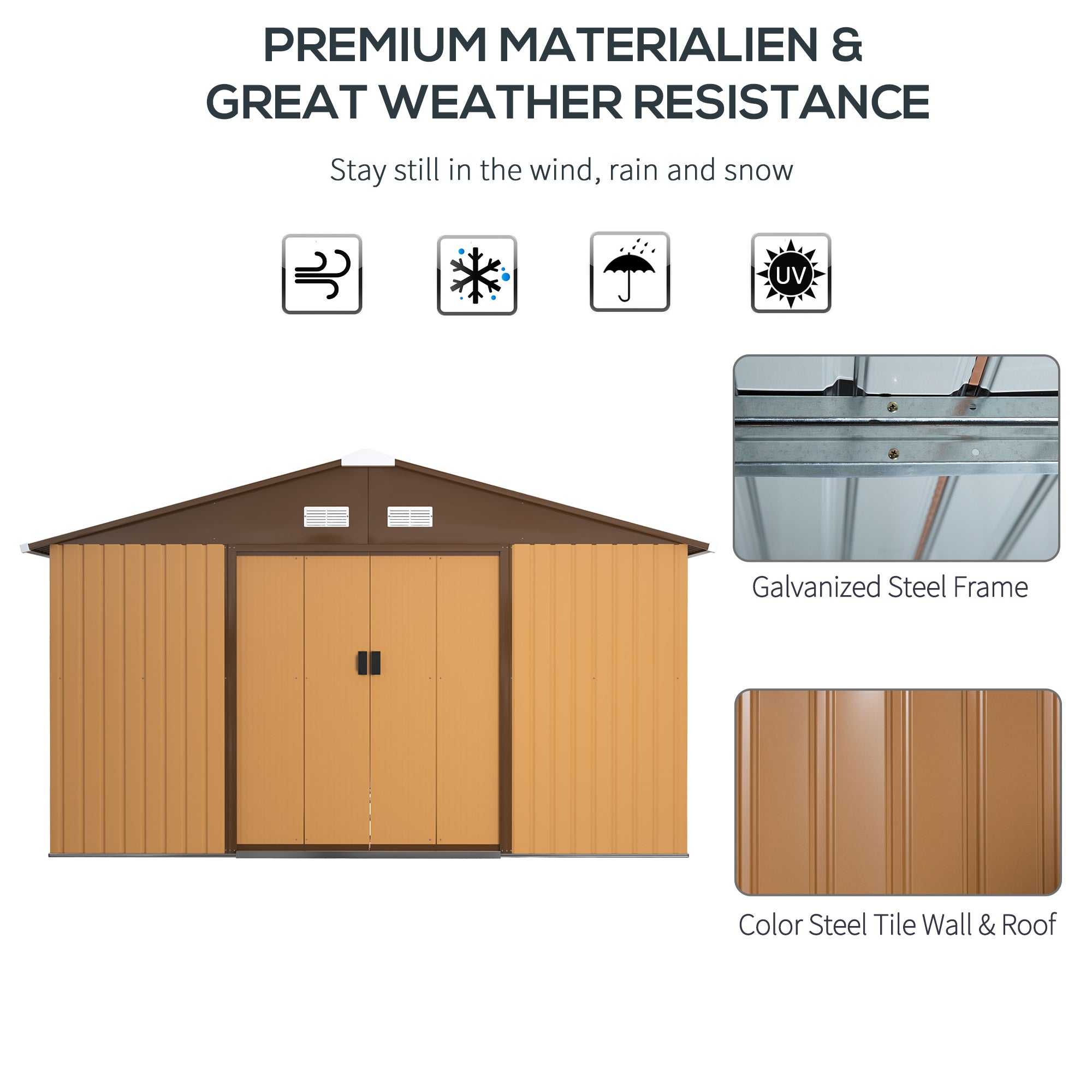 13 x 11 ft Metal Garden Shed Large Patio Roofed Tool Storage Box with Foundation Ventilation and Sliding Doors, Yellow-3