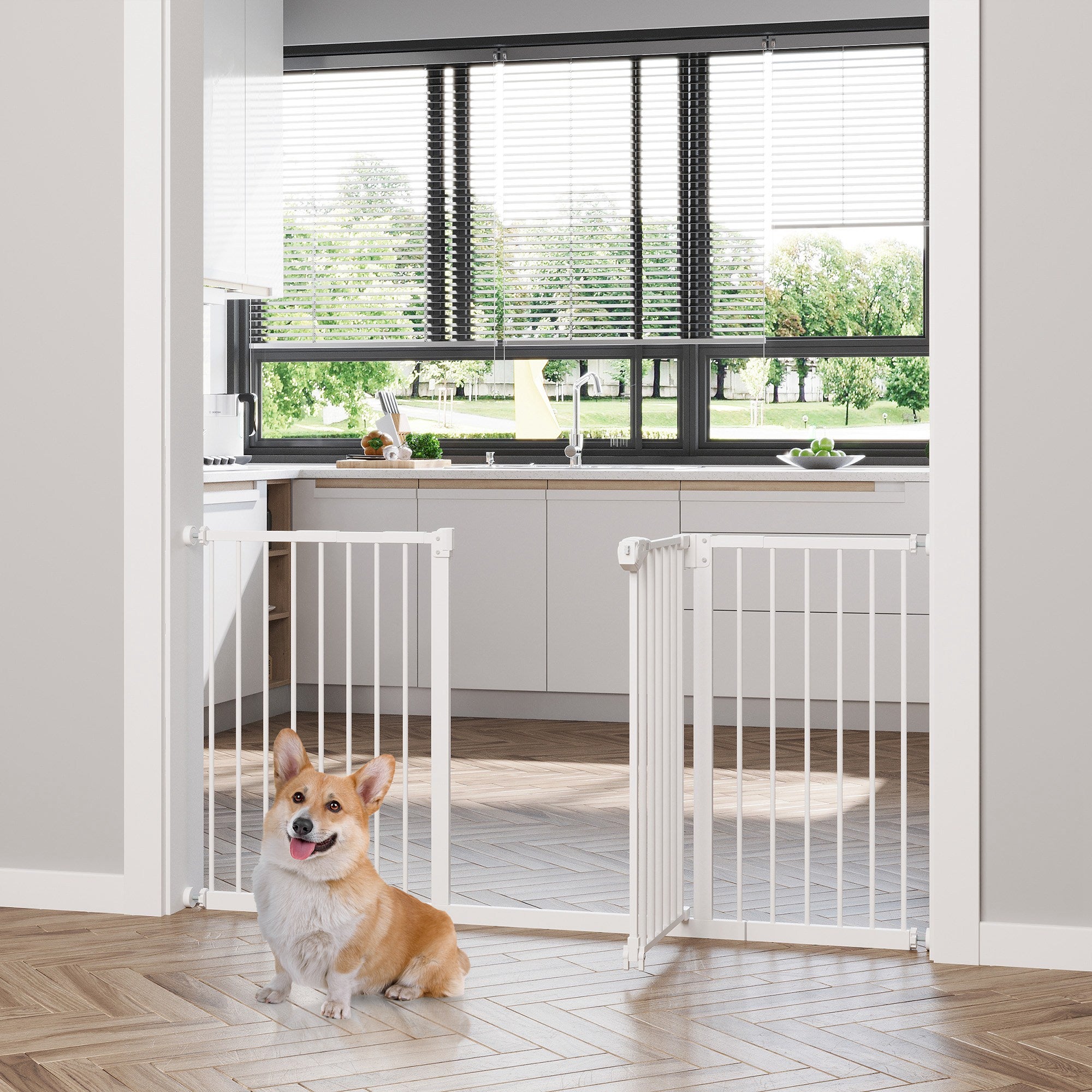 Dog Gate Stair Gate Pressure Fit Pets Barrier Auto Close for Doorway Hallway, 74-148cm Wide Adjustable, White-1