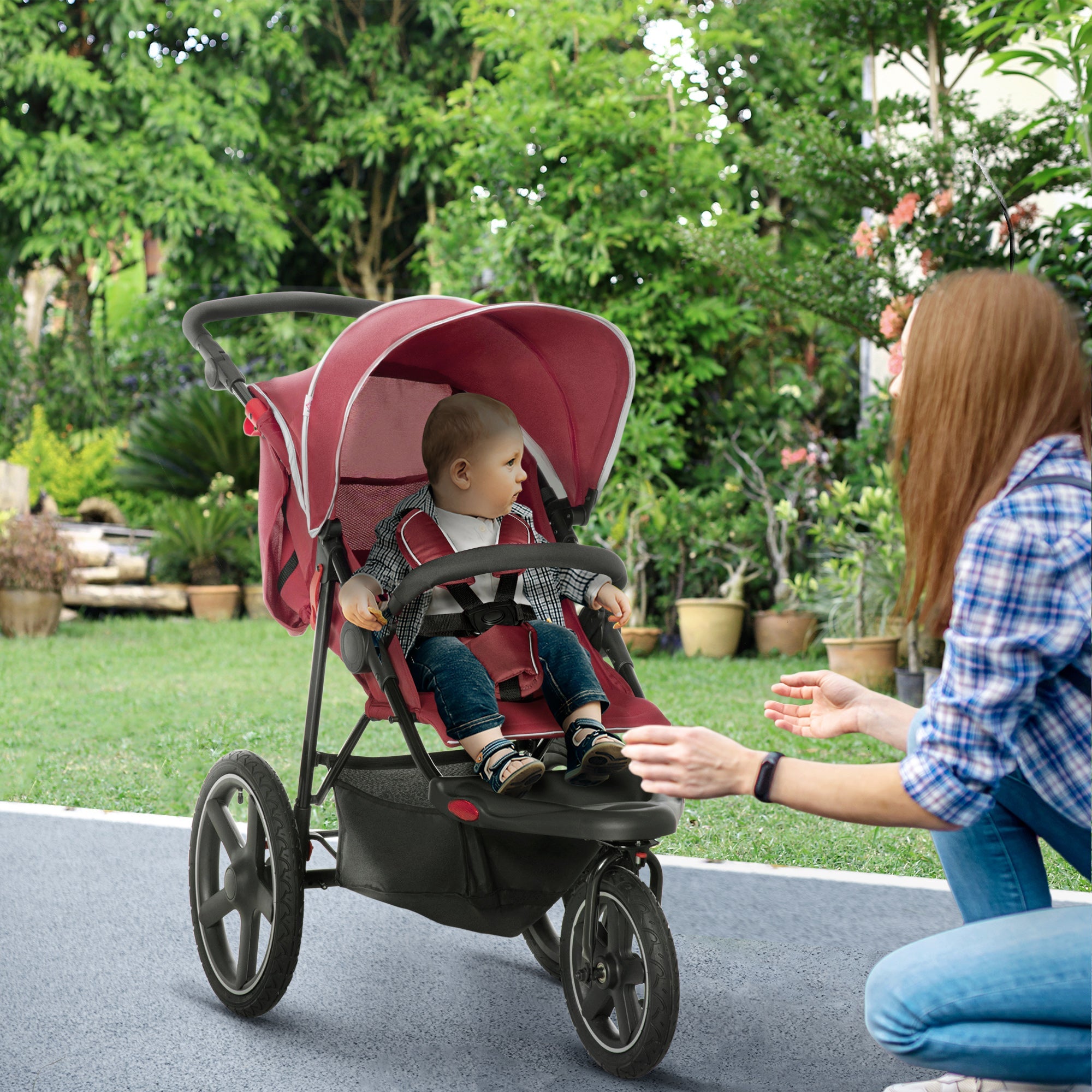 Foldable Three-Wheeler Baby Stroller w/ Canopy, Storage Basket - Red-1