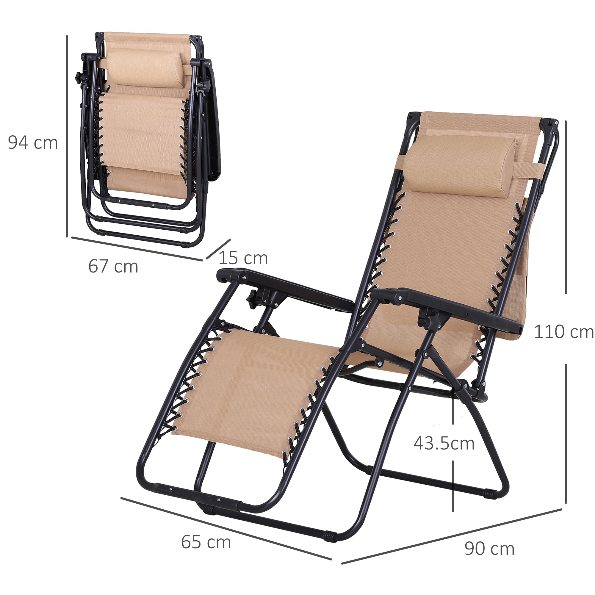 Zero Gravity Garden Deck Folding Chair Patio Sun Lounger Reclining Seat with Cup Holder & Canopy Shade - Beige-2