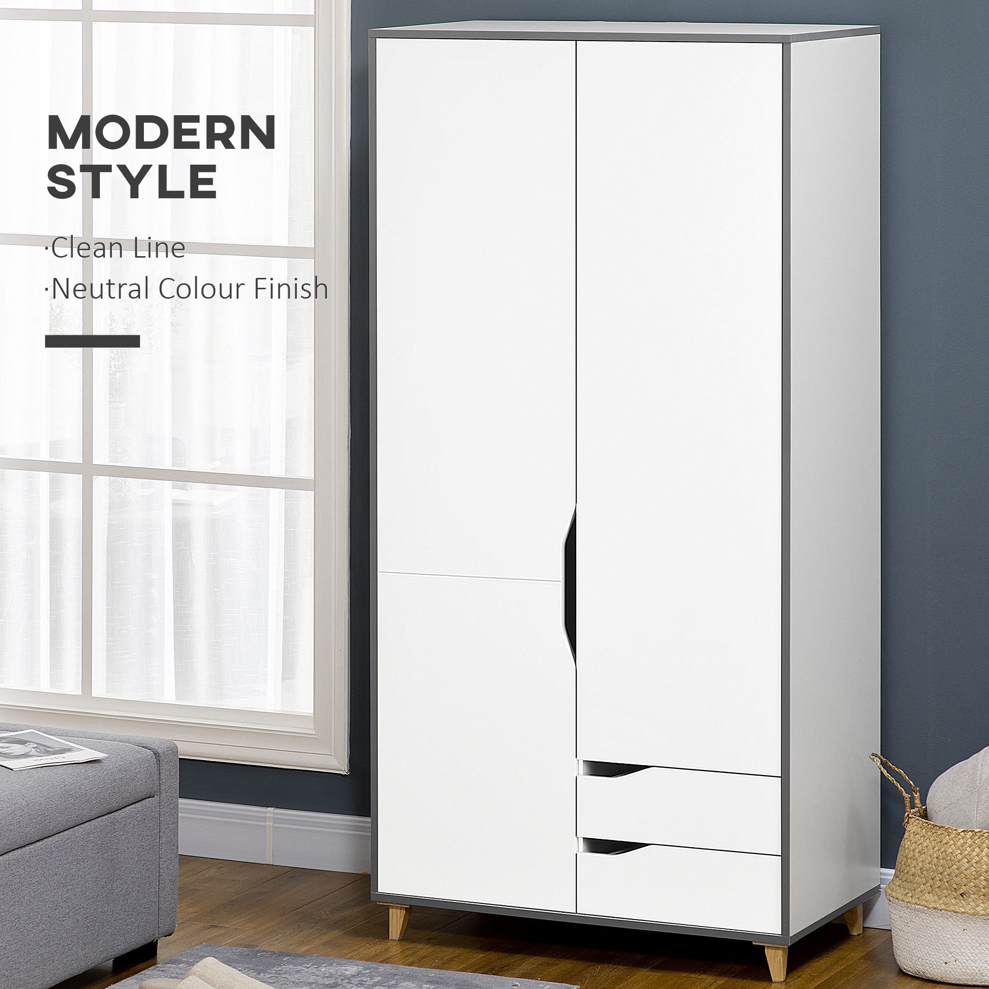 Wardrobe with 2 Doors, 2 Drawers, Hanging Rail, Shelves for Bedroom Clothes Storage Organiser, 89x50x185cm, White-3