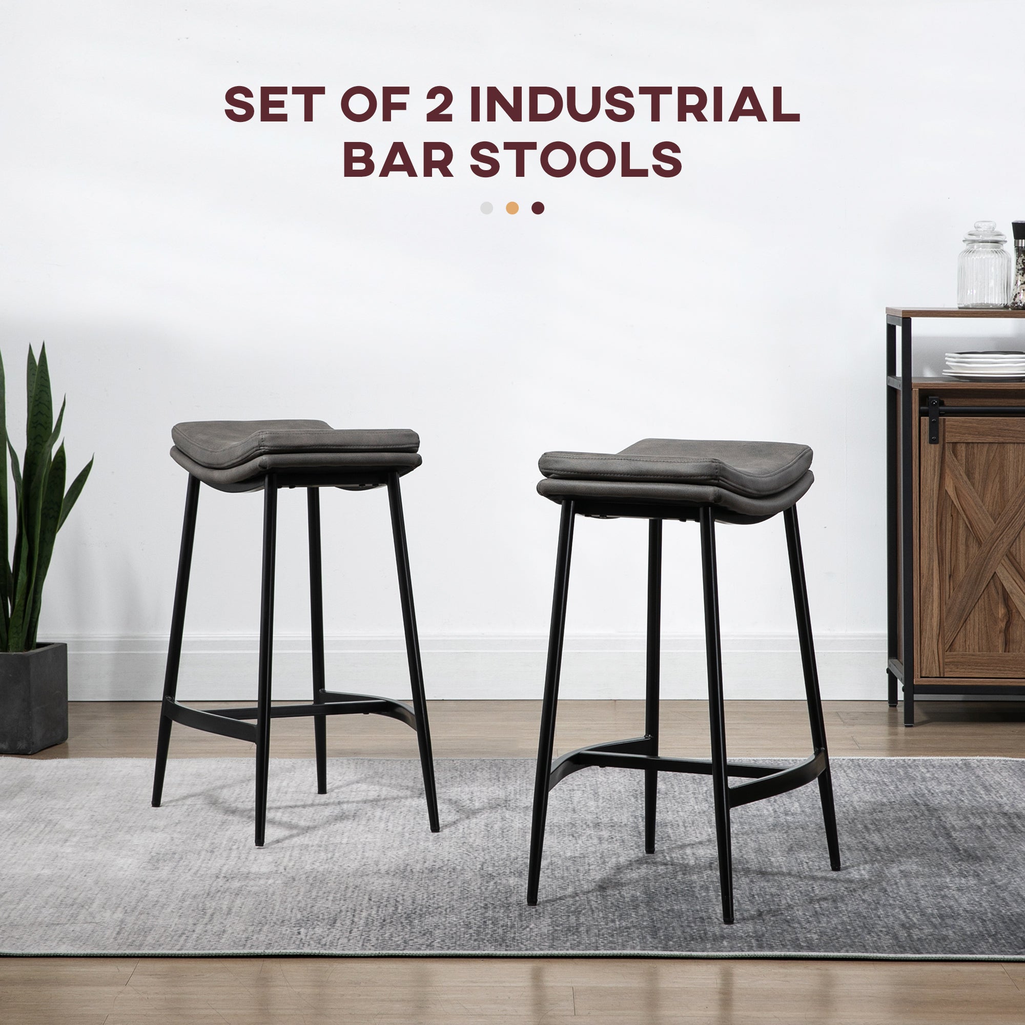 Kitchen Stools Set of 2, Microfibre Upholstered Barstools, Industrial Bar Chairs with Curved Seat and Steel Frame-3