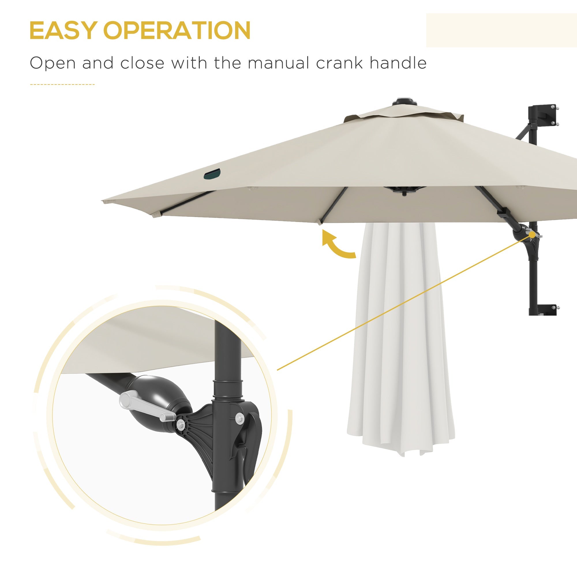 Wall Mounted Umbrella with Vent, Garden Patio Parasol Umbrella Sun Shade Canopy, Beige-4