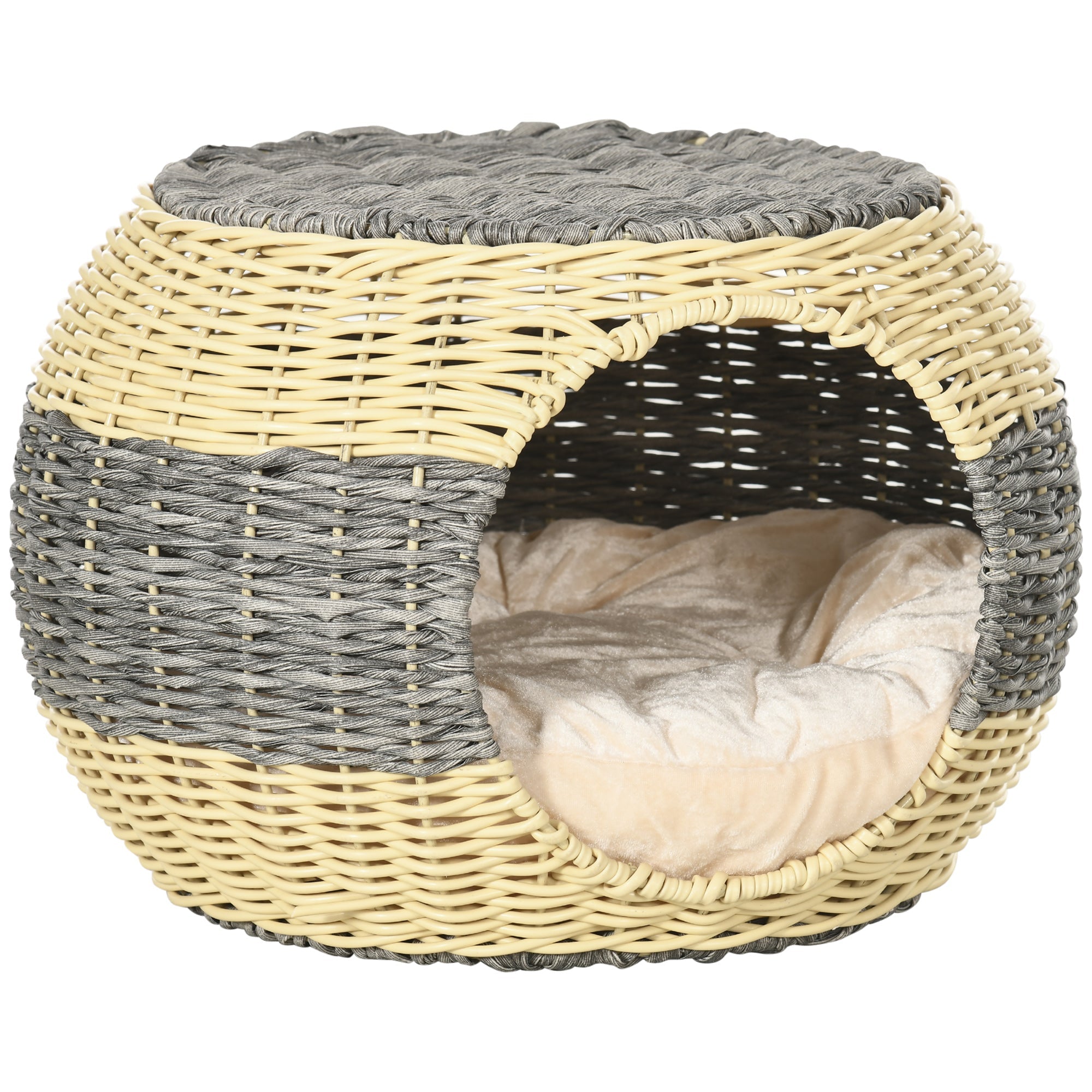 Wicker Cat House, Rattan Raised Cat Bed, Cosy Kitten Cave with Soft Washable Cushion, ?40 x 30cm-0