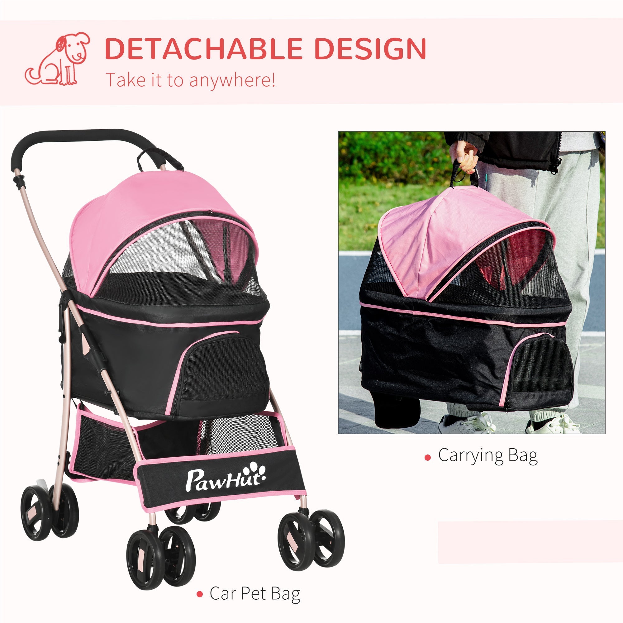 Detachable Pet Stroller with Rain Cover, 3 In 1 Cat Dog Pushchair, Foldable Carrying Bag w/ Universal Wheels, Brake, Canopy, Basket-4