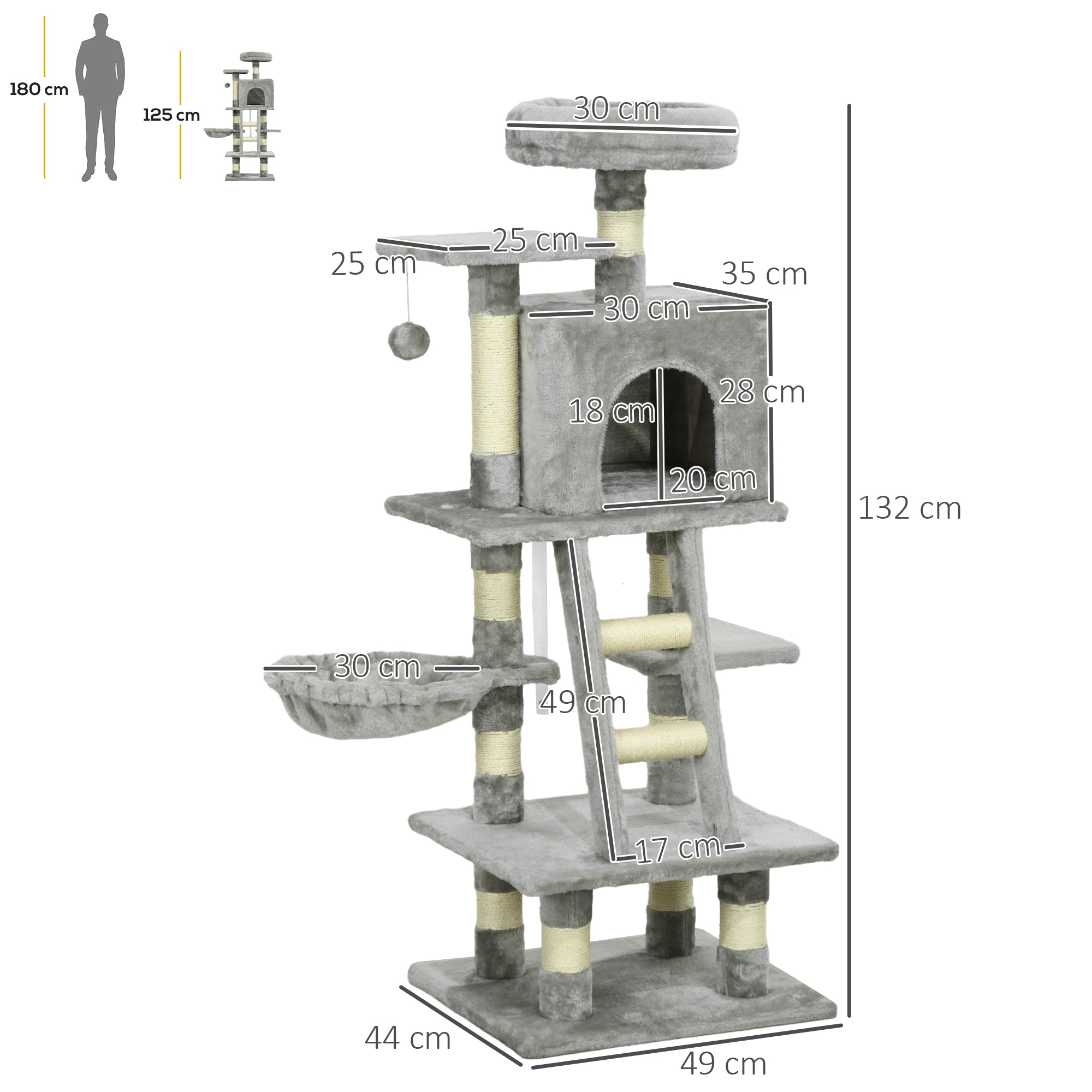 132cm Cat Tree with Scratching Post, House, Hammock, Grey-2