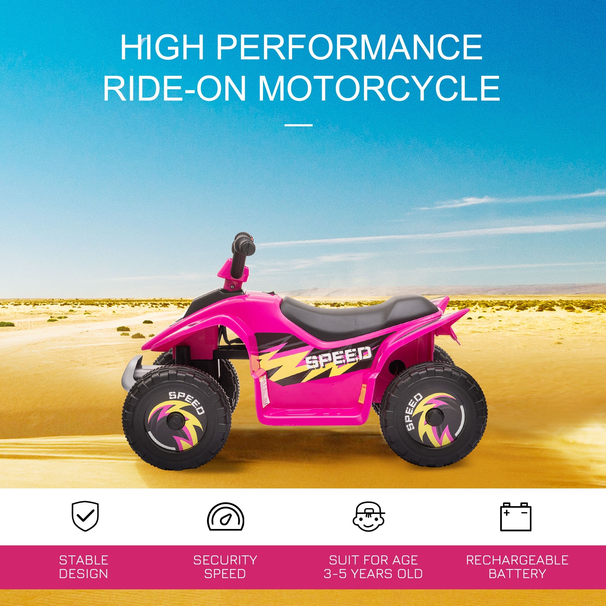 6V Kids Electric Ride on Car ATV Toy Quad Bike Four Big Wheels w/ Forward Reverse Functions Toddlers for 18-36 Months Old Pink-3