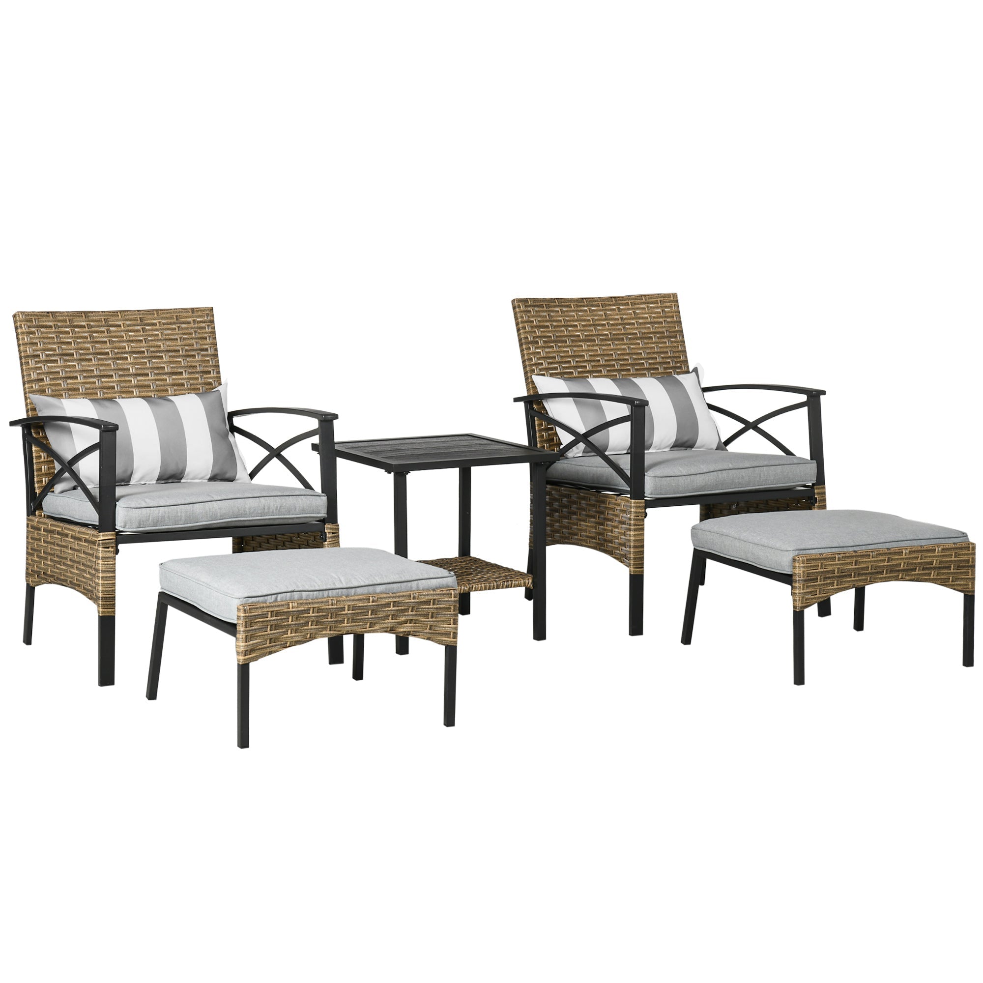 5 Piece PE Rattan Garden Furniture Set, 2 Armchairs, 2 Stools, Steel Tabletop with Wicker Shelf, Padded Outdoor Seating, Grey-0