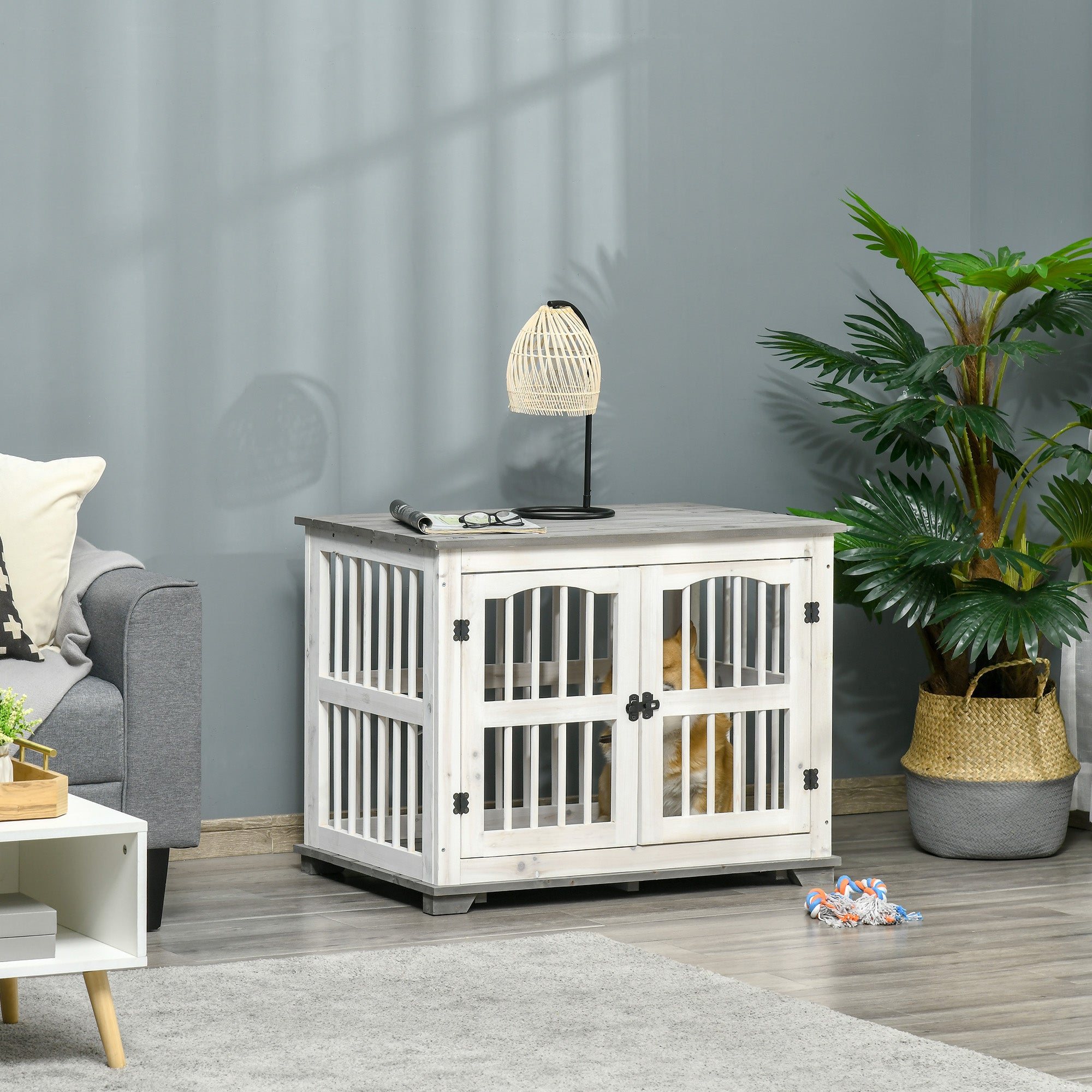 Wooden Dog Crate Furniture Pet Kennel Cage End Table for Small Medium Dogs, Indoor, White, 85.5 x 59.5 x 68 cm-1