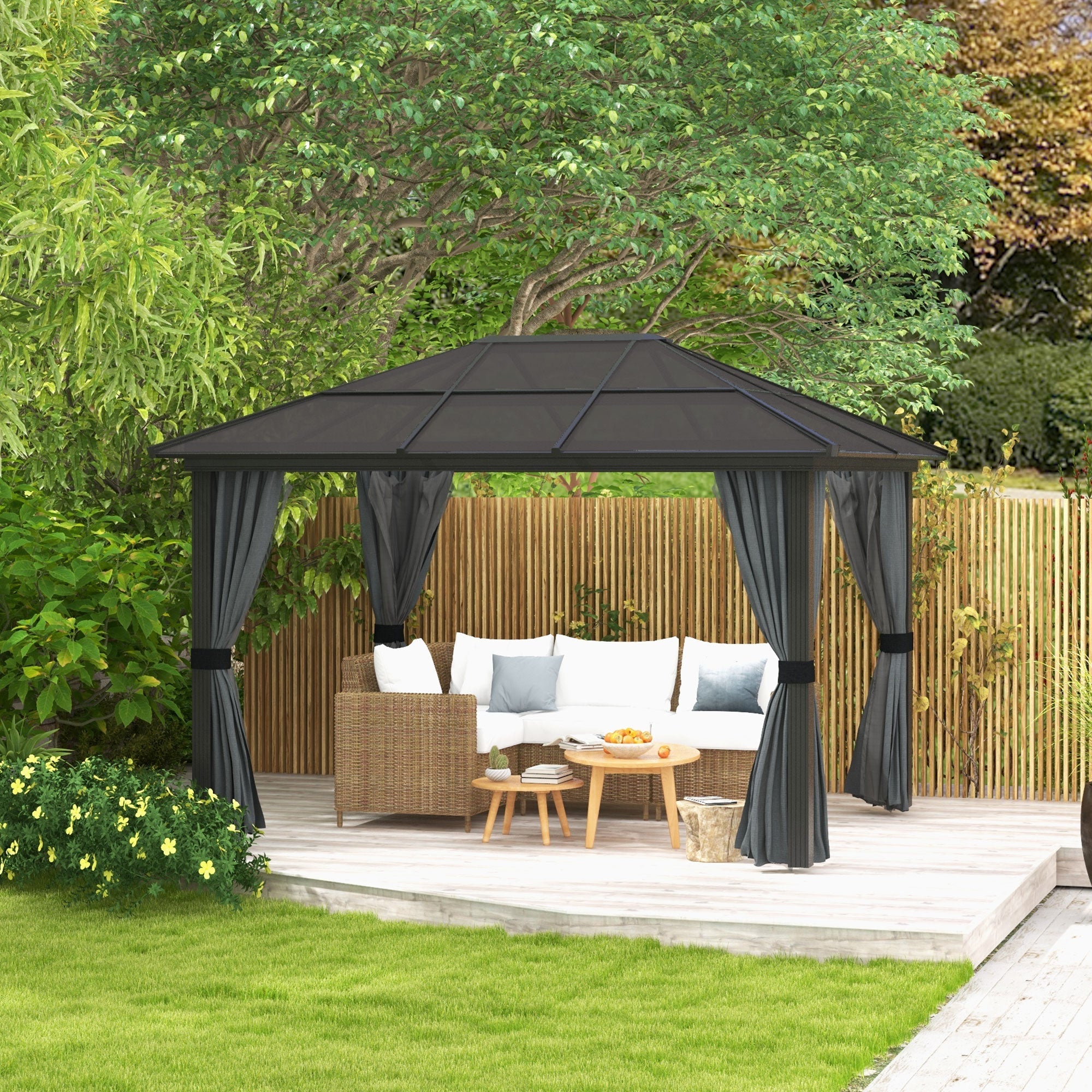 3 x 4m Hard Top Gazebo Garden Pavilion with Netting and Curtains, Polycarbonate Roof and Aluminium Frame-1