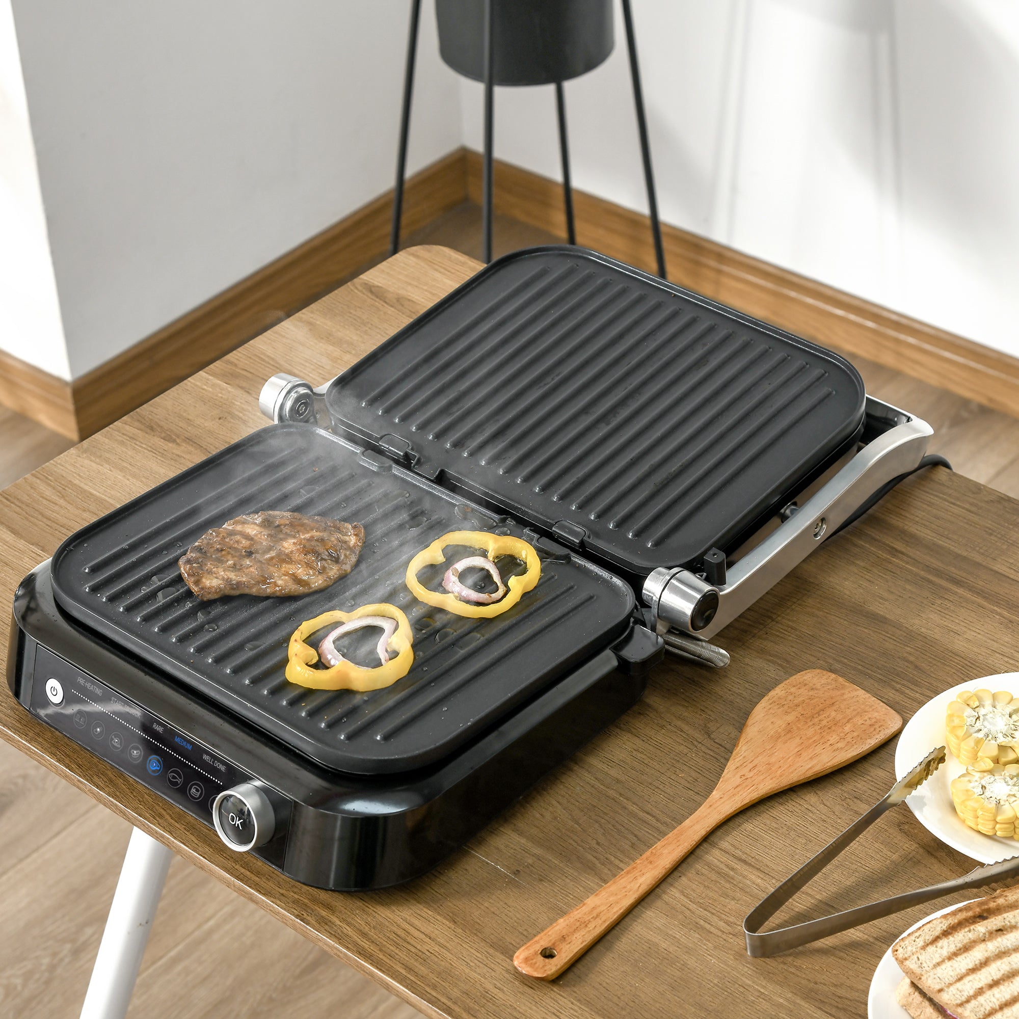 Health Grill & Panini Press, 2100W Electric Non-stick Grill with 180° Flat Open, Drip Tray, Removable Plate, Spatula and 8 Automatic Settings-0