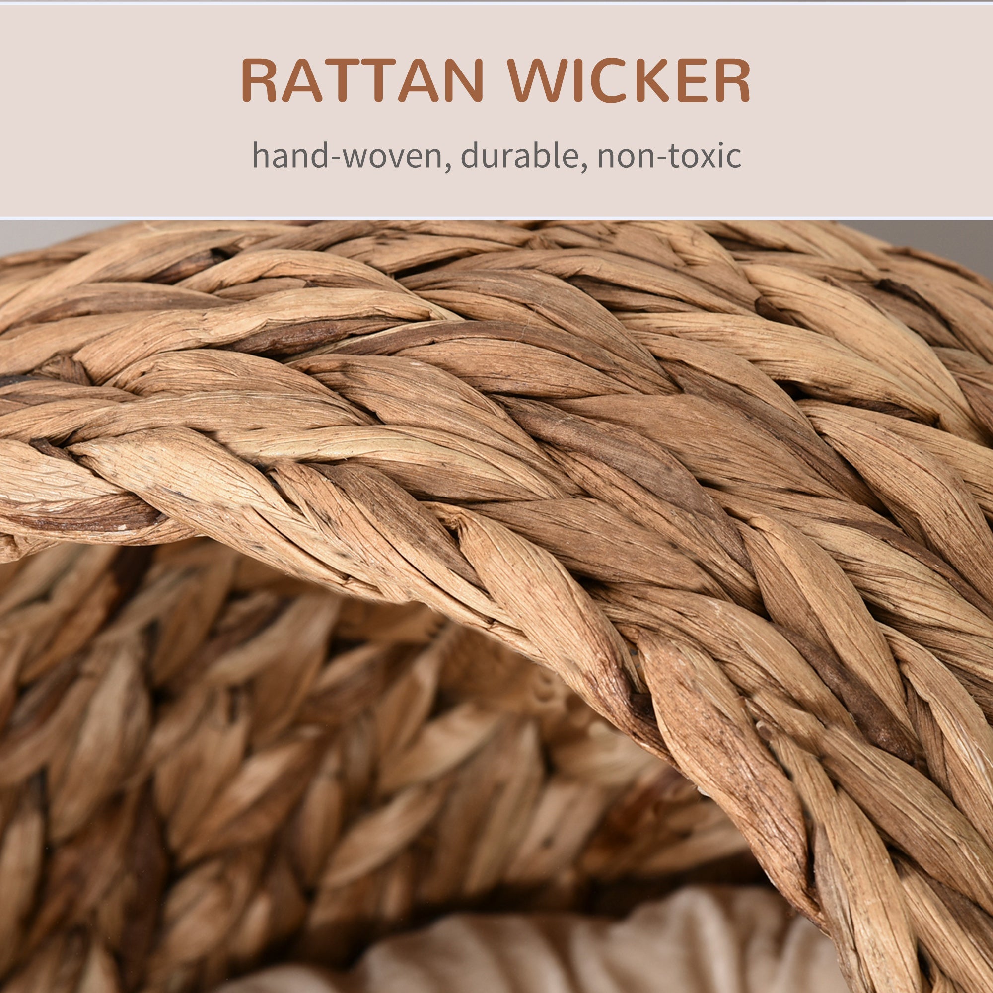 Wicker Cat Bed, Raised Rattan Cat Basket with Cylindrical Base, Soft Washable Cushion, Brown, 50 x 42 x 60 cm-4