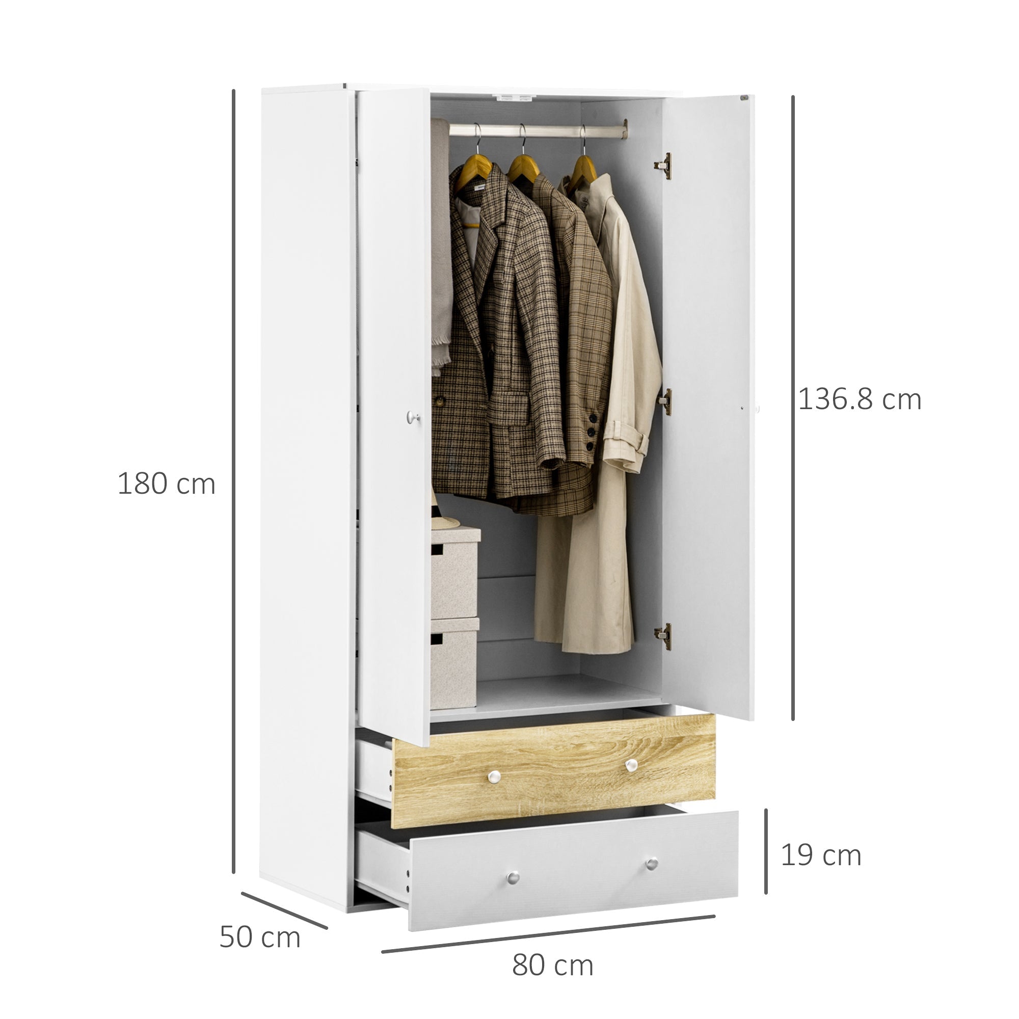 2 Door Wardrobe White Wardrobe with Drawers and Hanging Rod for Bedroom Clothes Organisation and Storage-2