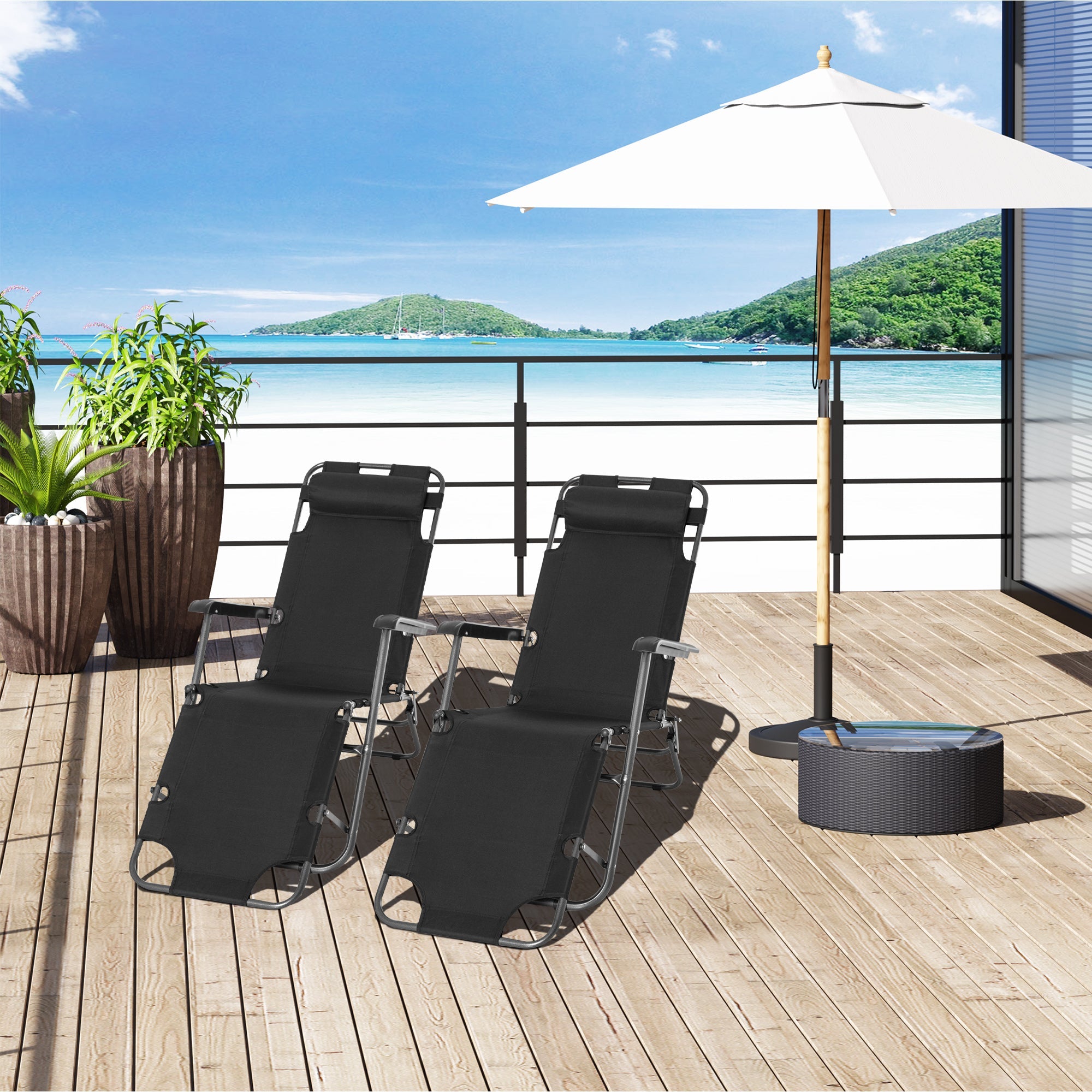 2 Pieces Foldable Sun Loungers with Adjustable Back, Outdoor Reclining Garden Chairs with Pillow and Armrests, Black-1