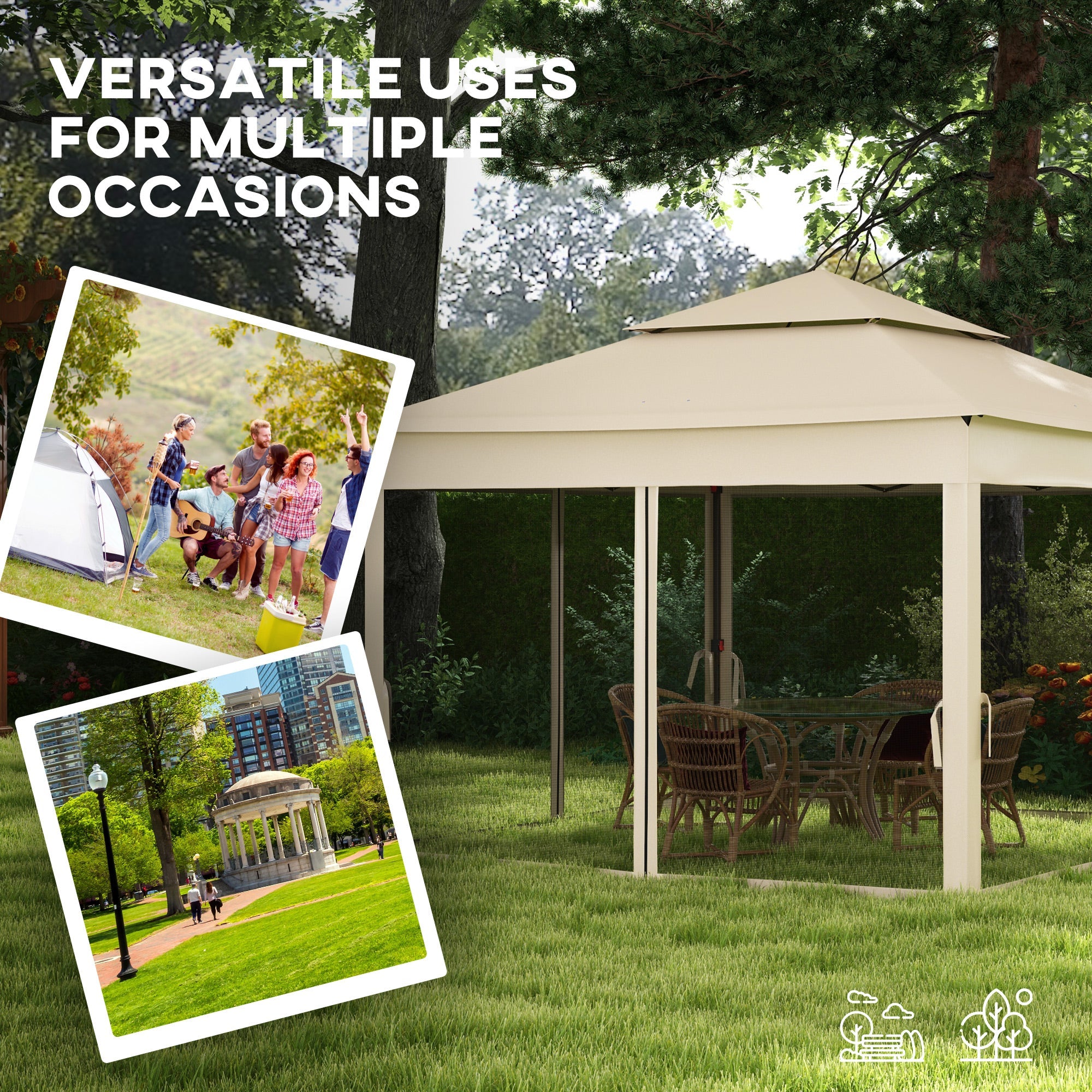 3 x 3(m) Pop Up Gazebo, Double-roof Garden Tent with Netting and Carry Bag, Party Event Shelter for Outdoor Patio, Cream White-3