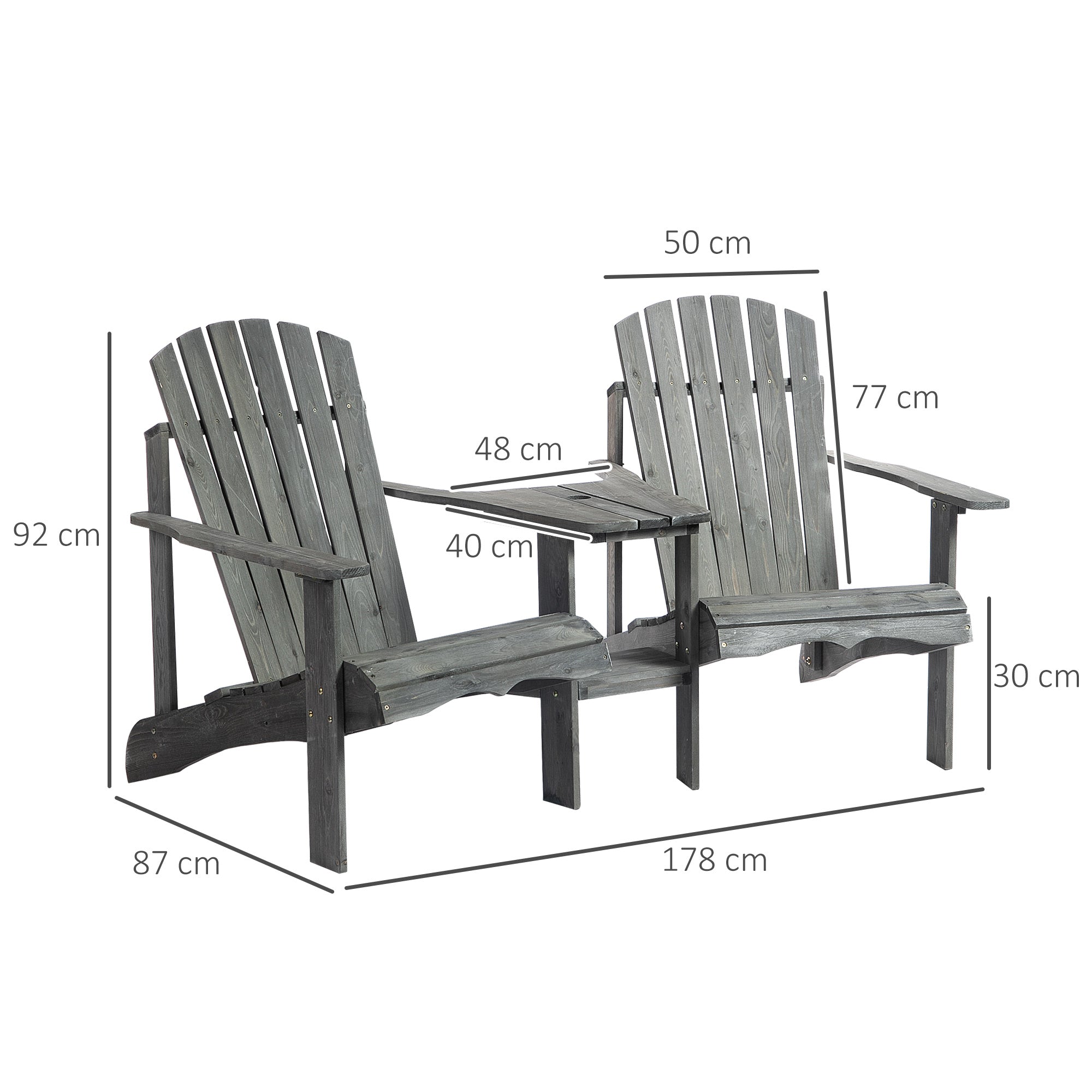 Wooden Outdoor Double Adirondack Chairs Loveseat w/ Center Table and Umbrella Hole, Garden Patio Furniture for Lounging and Relaxing, Grey-2