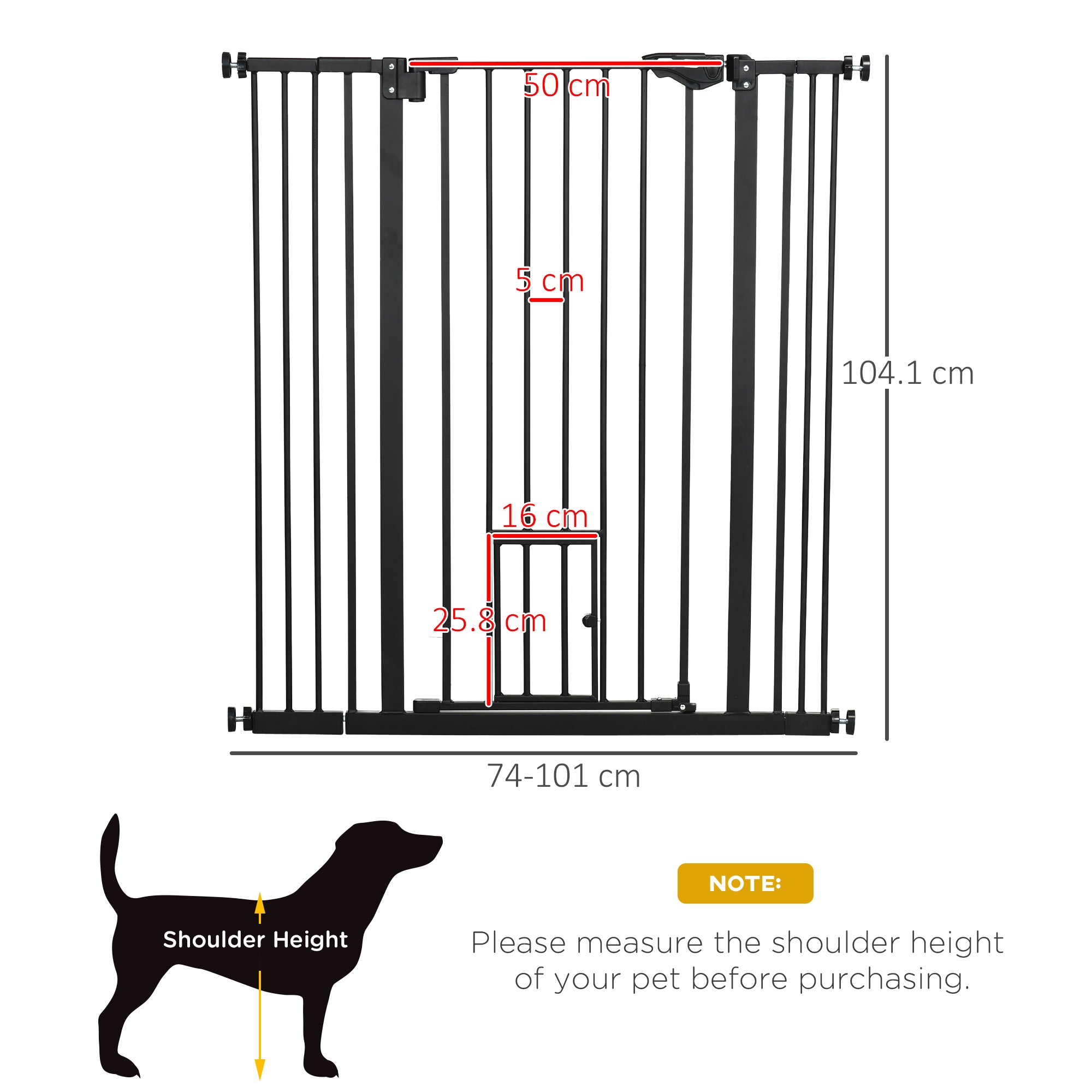 Extra Tall Pet Gate, Indoor Dog Safety Gate, with Cat Flap, Auto Close, 74-101cm Wide - Black-2