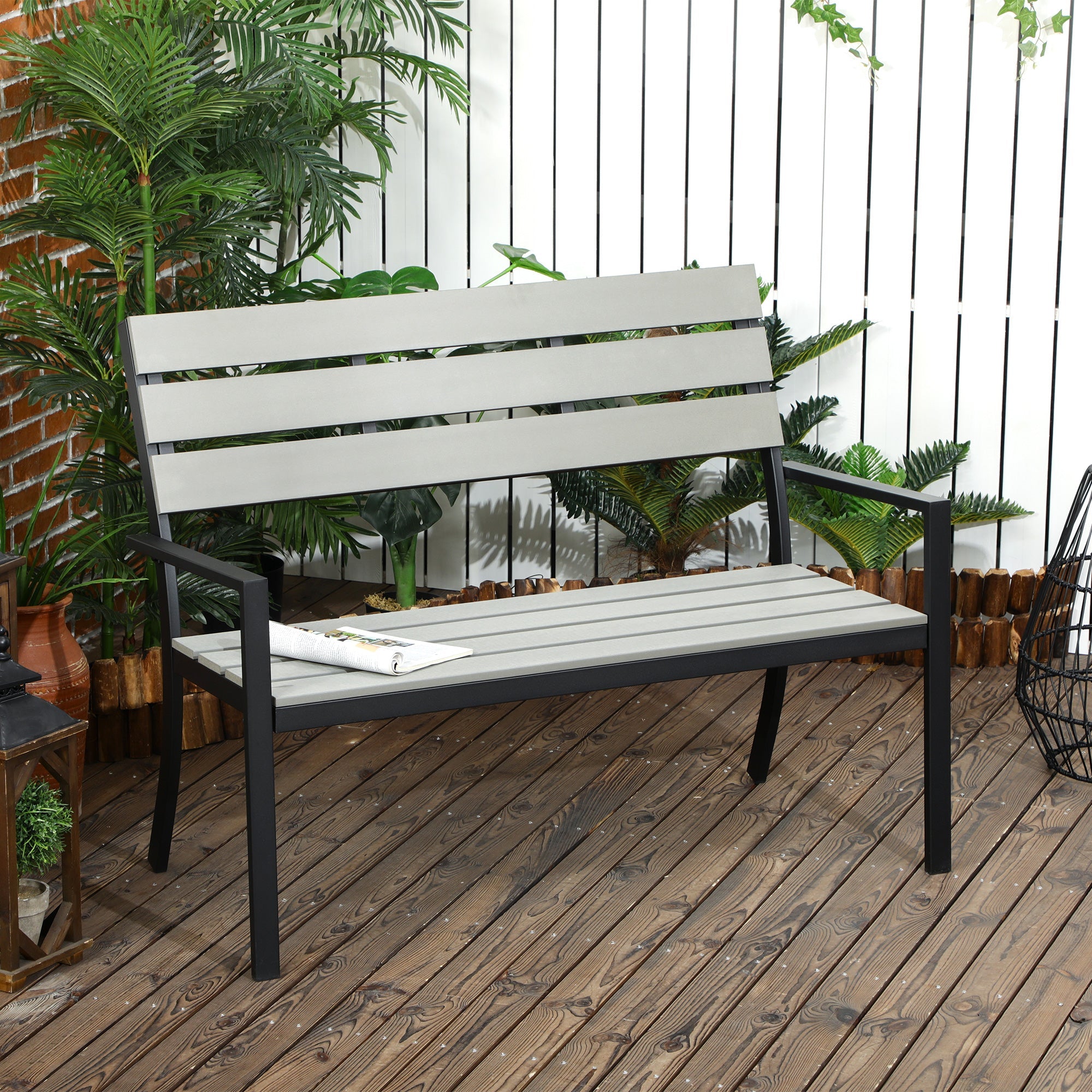 2 Seater Garden Bench, Slatted Outdoor Bench with Steel Frame, Garden Loveseat, 122 x 65 x 92 cm, Grey-1