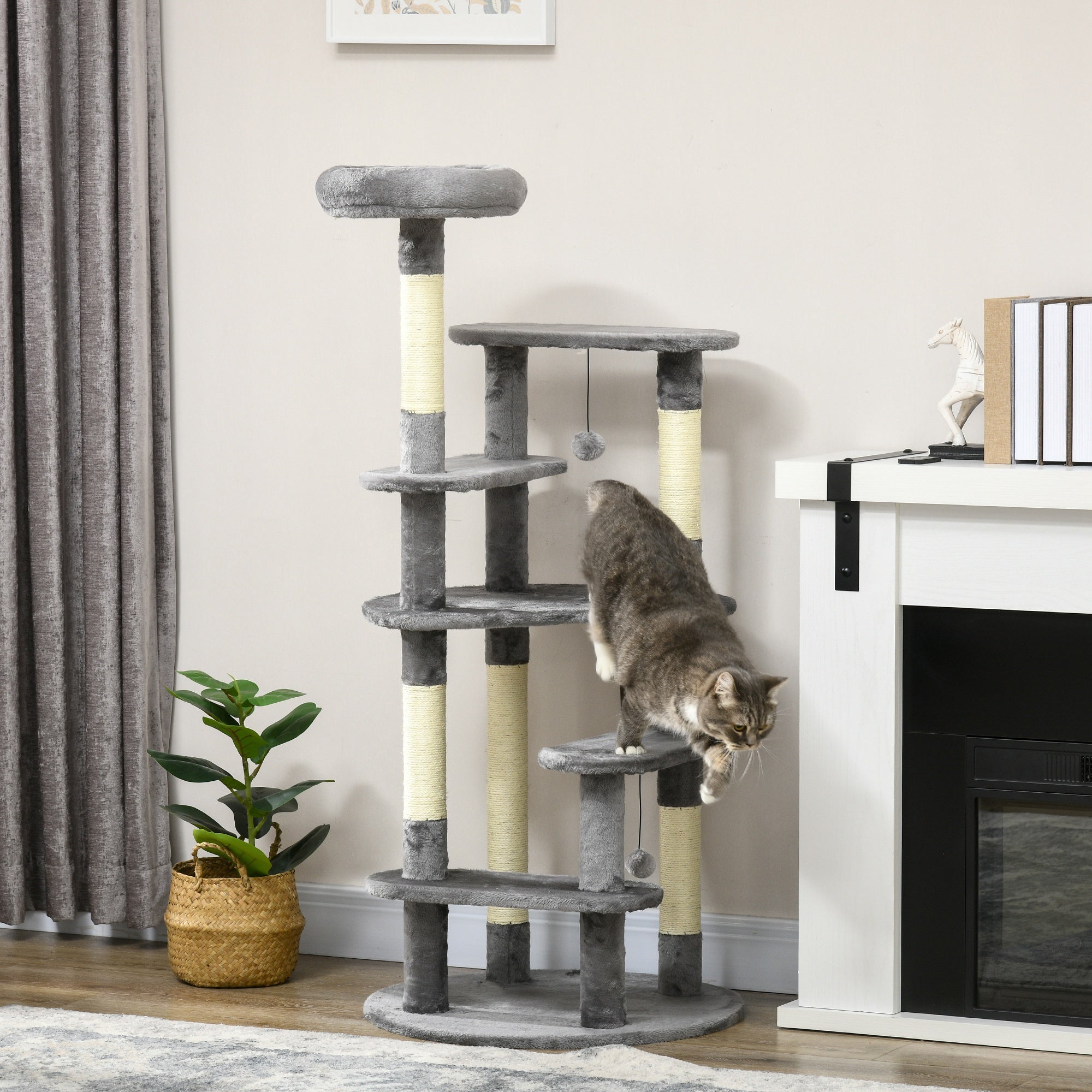 136cm Cat Tree for Indoor Cats, Modern Cat Tower with Scratching Posts, Bed, Toy Ball - Grey-1