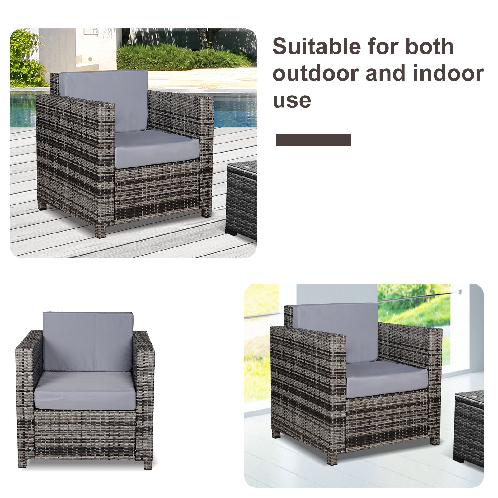 1 Seater Rattan Garden Chair All-Weather Wicker Weave Single Sofa Armchair with Fire Resistant Cushion - Grey-3