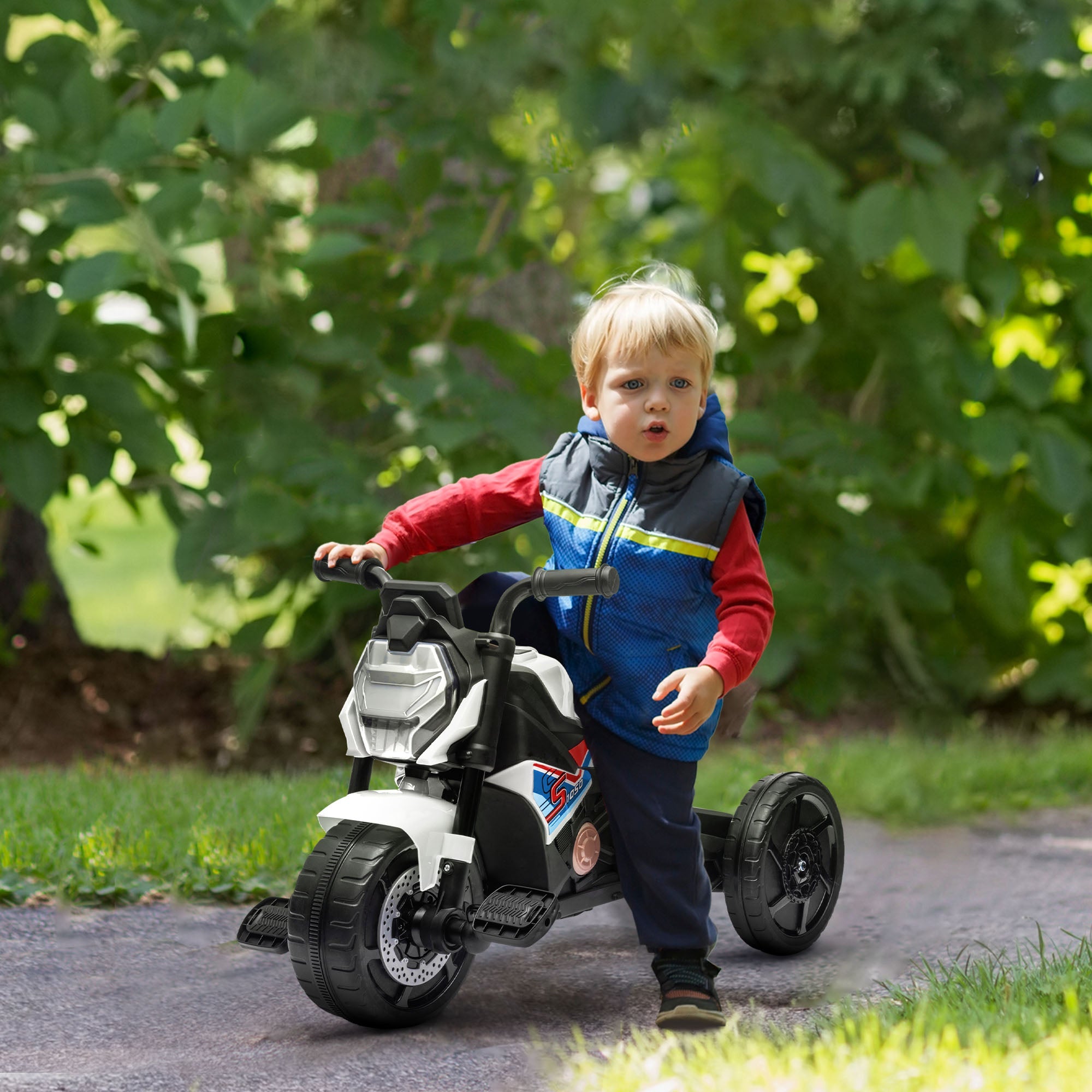 Motorcycle Design 3 in 1 Toddler Trike, Sliding Car, Balance Bike with Headlight, Music, Horn, White-1