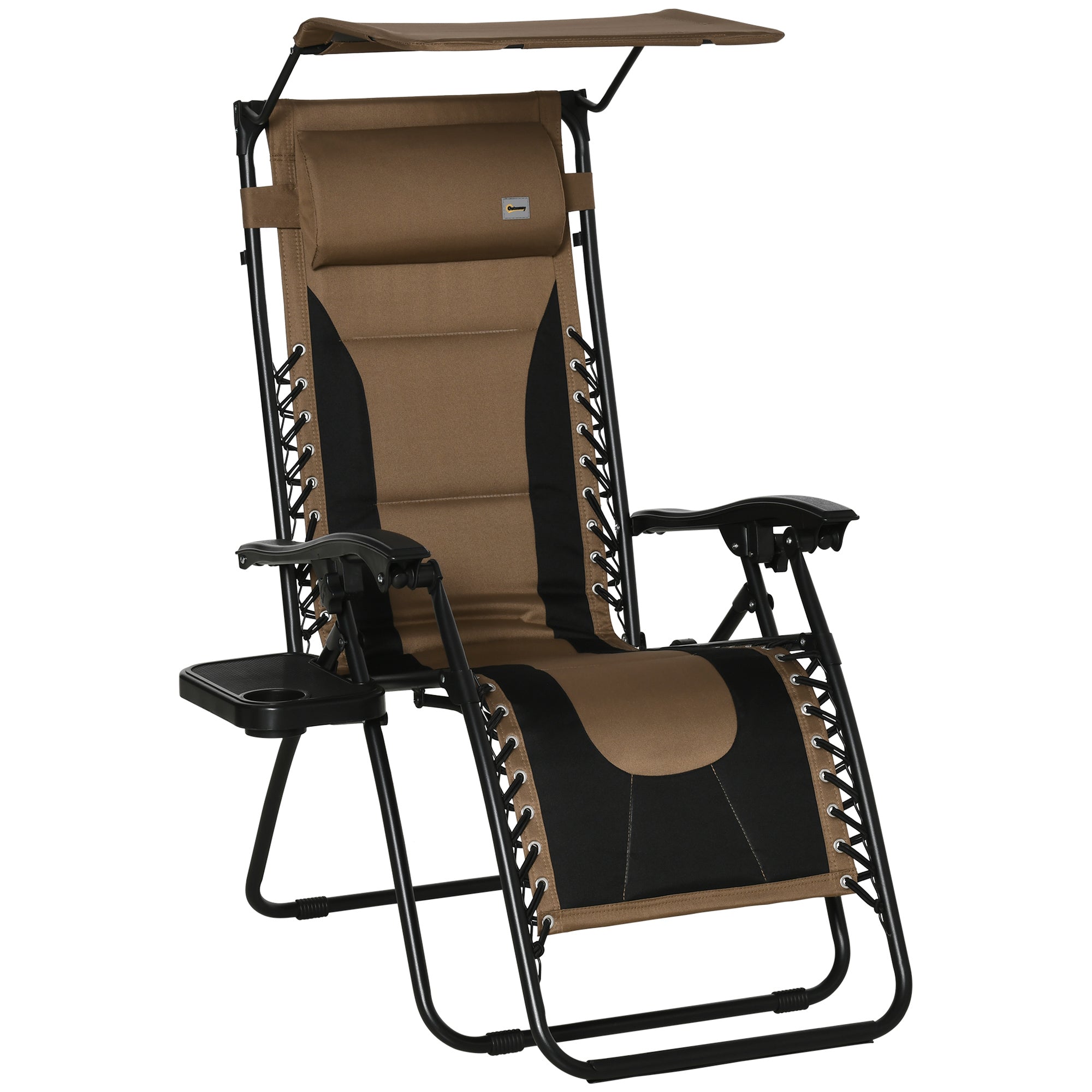 Zero Gravity Lounger Chair, Folding Reclining Patio Chair with Shade Cover, Cup Holder and Headrest for Poolside, Camping, Brown-0