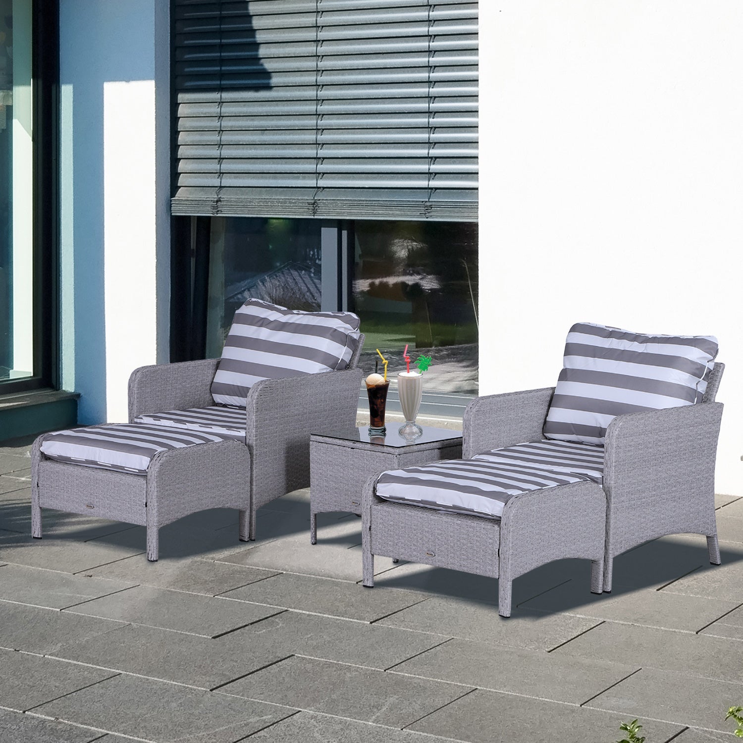 2 Seater PE Rattan Garden Furniture Set, 2 Armchairs 2 Stools Glass Top Table Cushions Wicker Weave Chairs Outdoor Seating - Grey-1