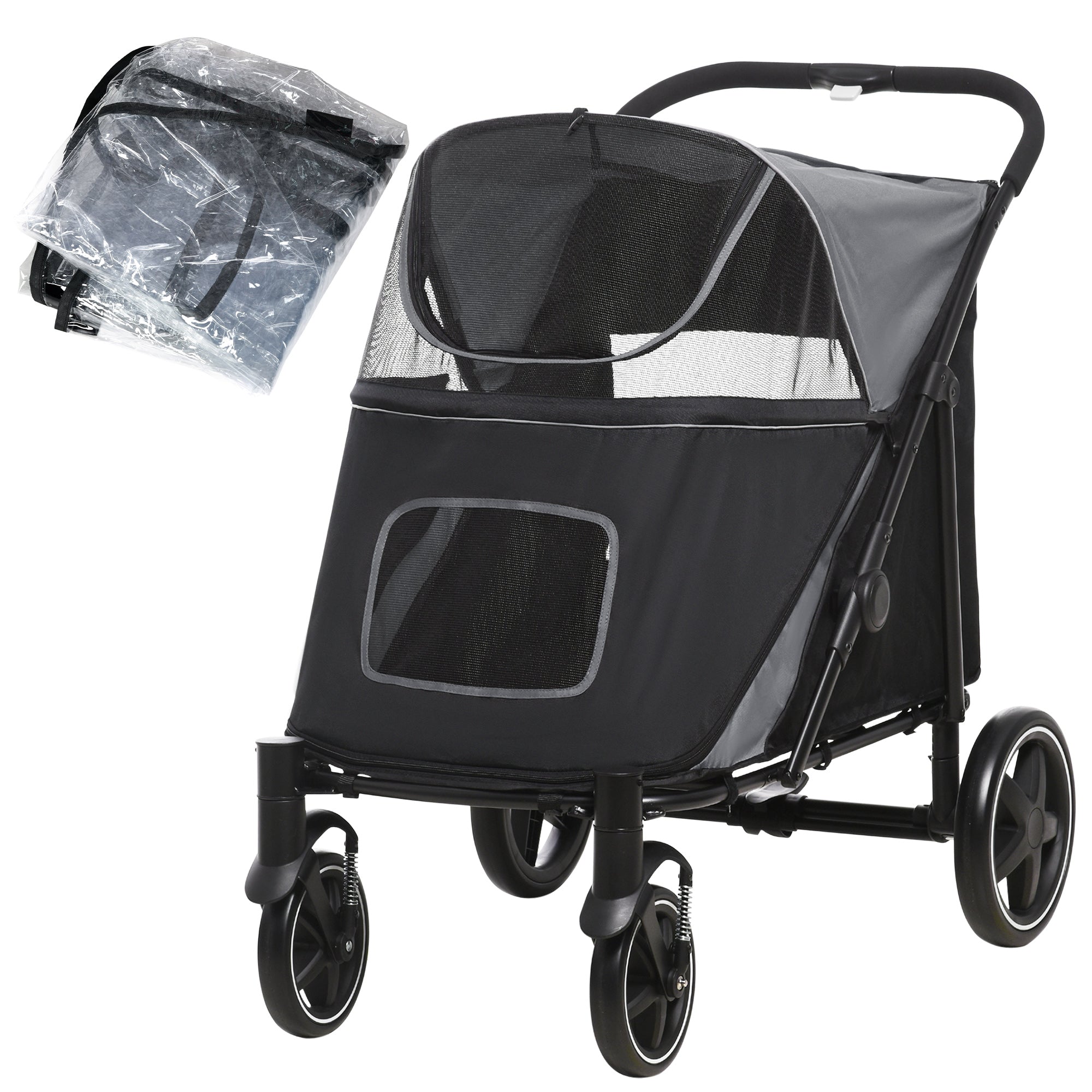 4 Wheel Pet Stroller with Rain Cover for Medium and Large Dogs - Black-0