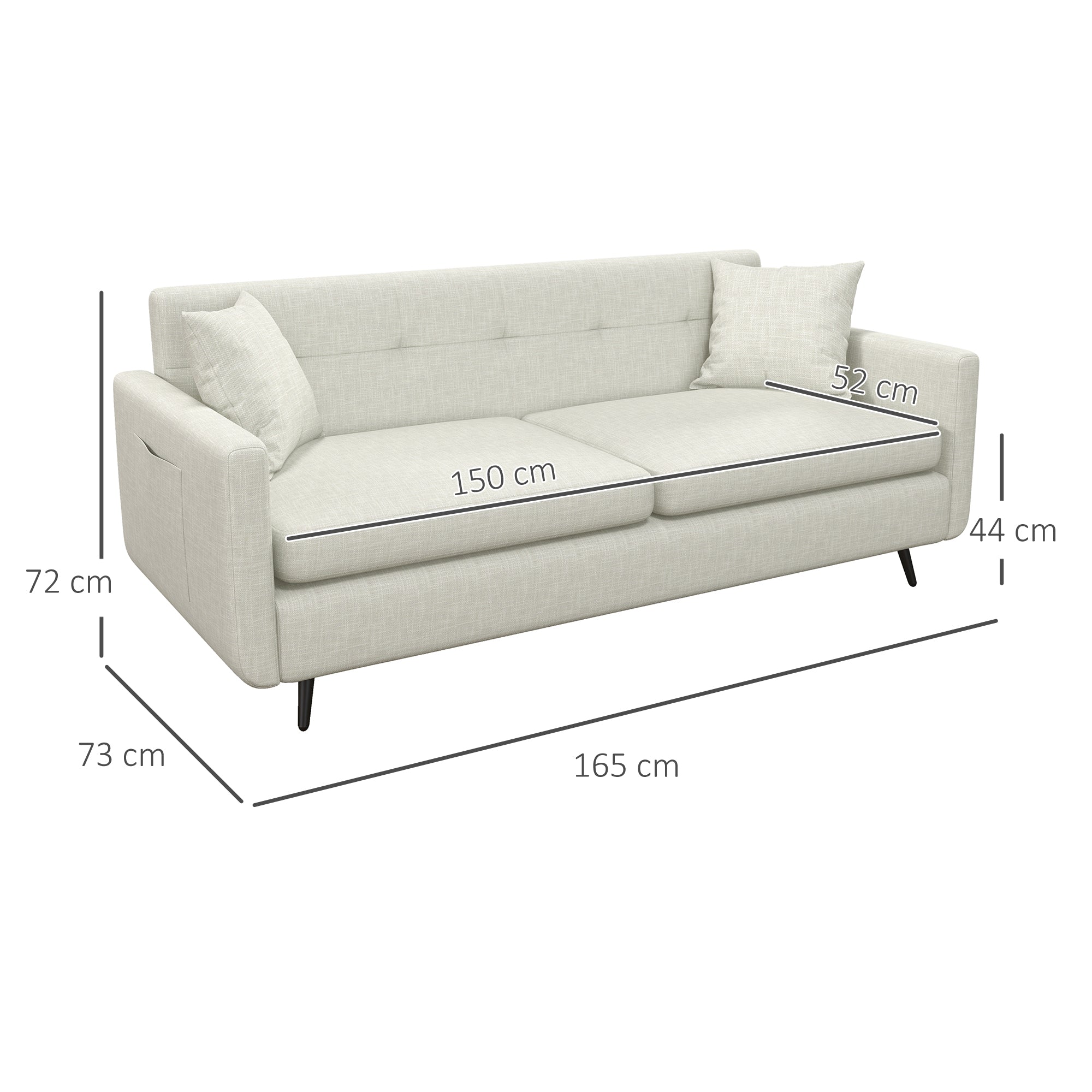 165cm 2 Seater Sofa for Living Room, Modern Fabric Couch, Tufted Loveseat Sofa Settee w/ Steel Legs, 2 Storage Pockets, Beige-2