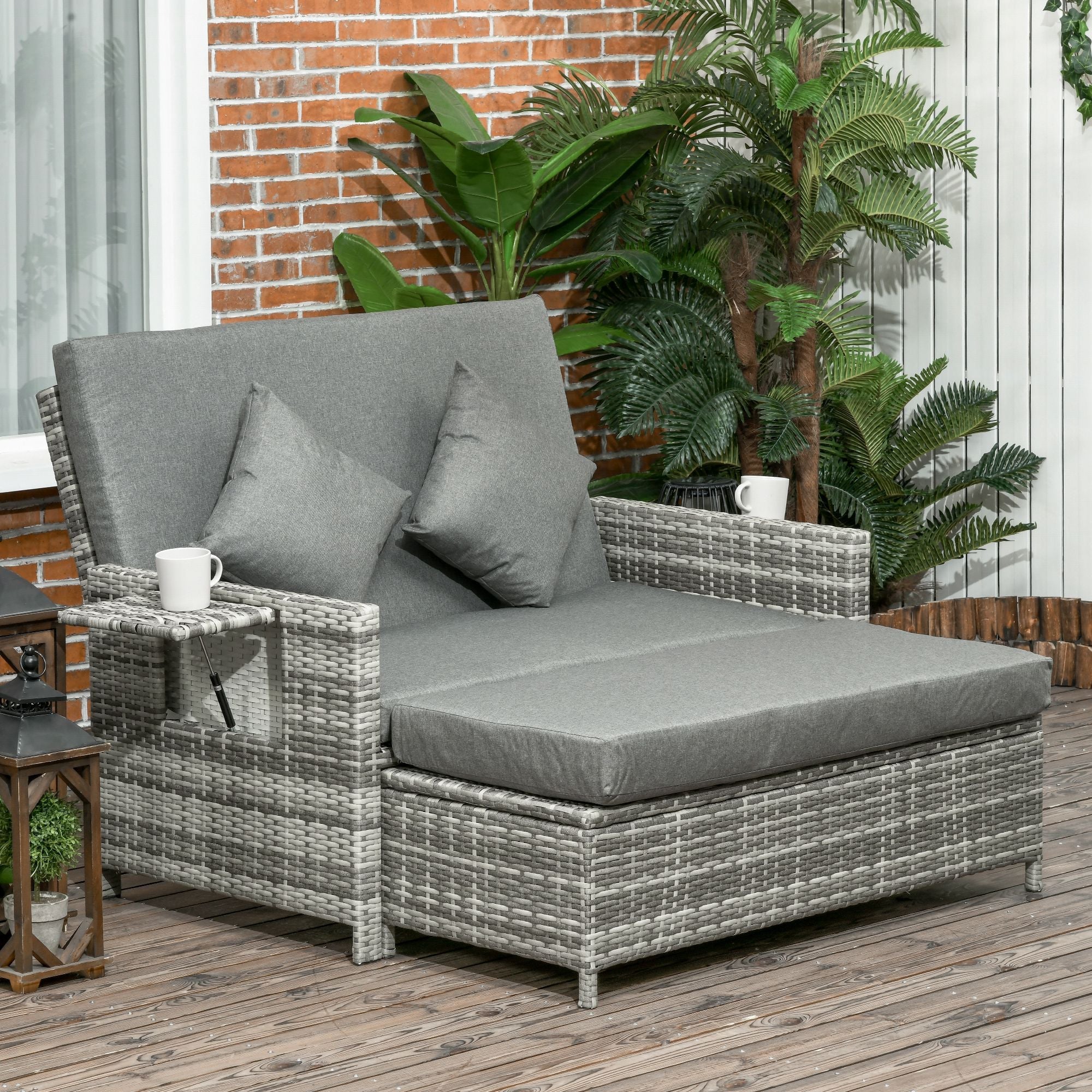 2 Seater Assembled Garden Patio Outdoor Rattan Furniture Sofa Sun Lounger Daybed with Fire Retardant Sponge - Grey-1