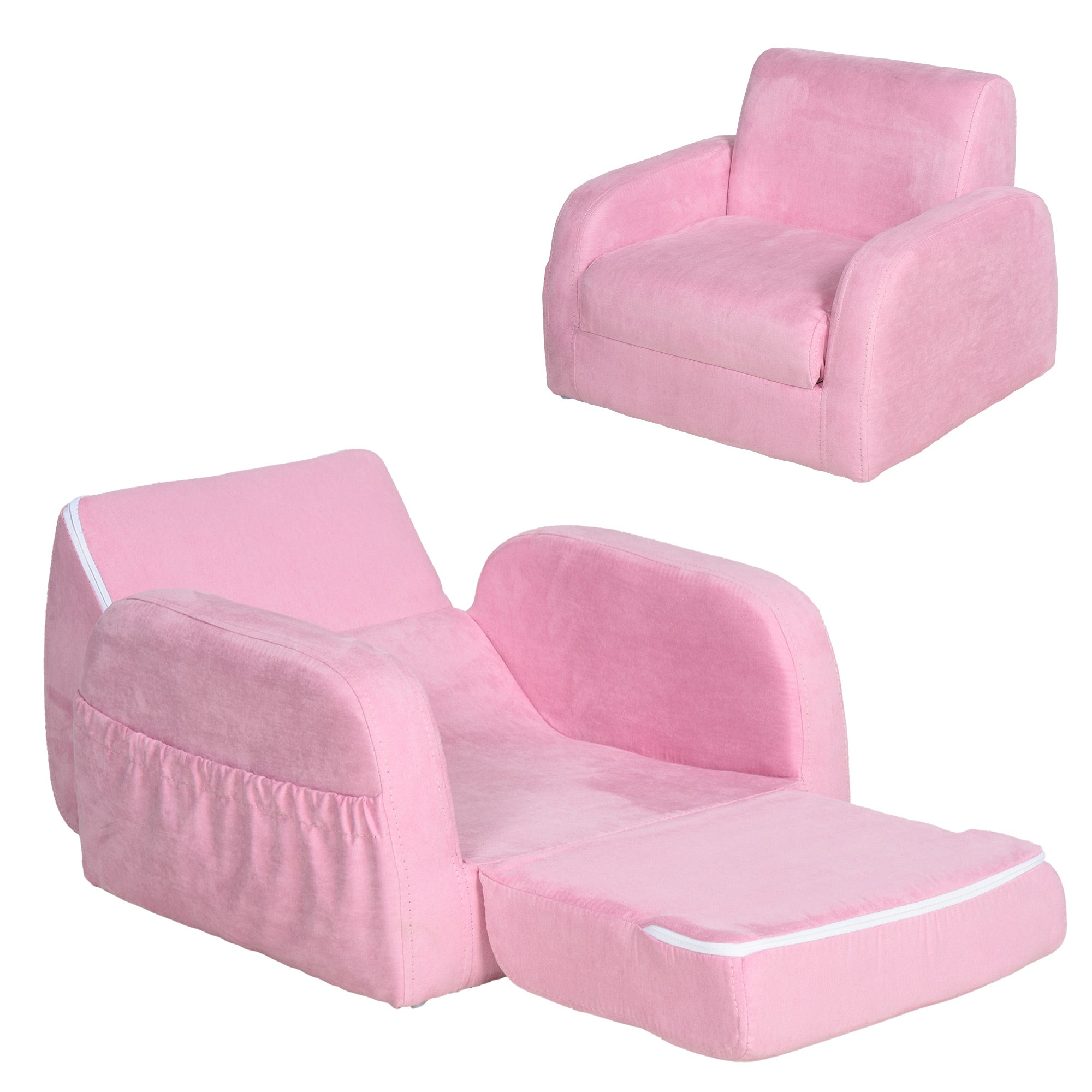 2 In 1 Kids Armchair Sofa Bed Fold Out Padded Wood Frame Bedroom, Pink-0