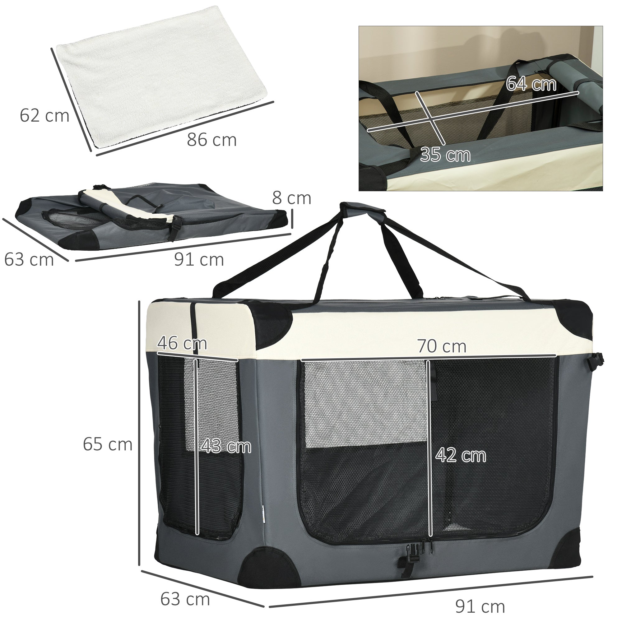 91cm Foldable Pet Carrier, with Cushion, for Large Dogs and Cats - Grey-2