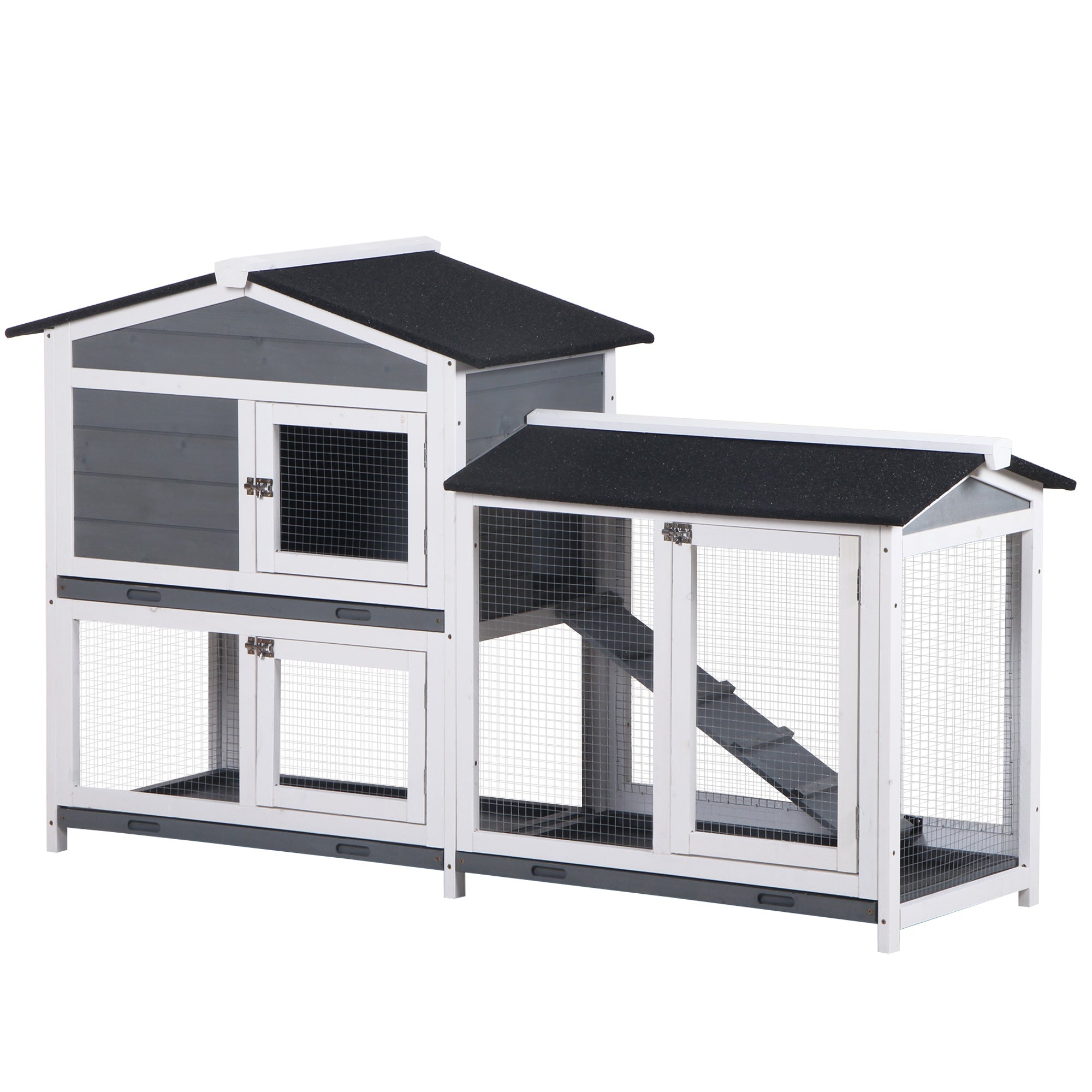 Wooden 2-Tier Rabbit Hutch w/ Tray Ramp Grey-0