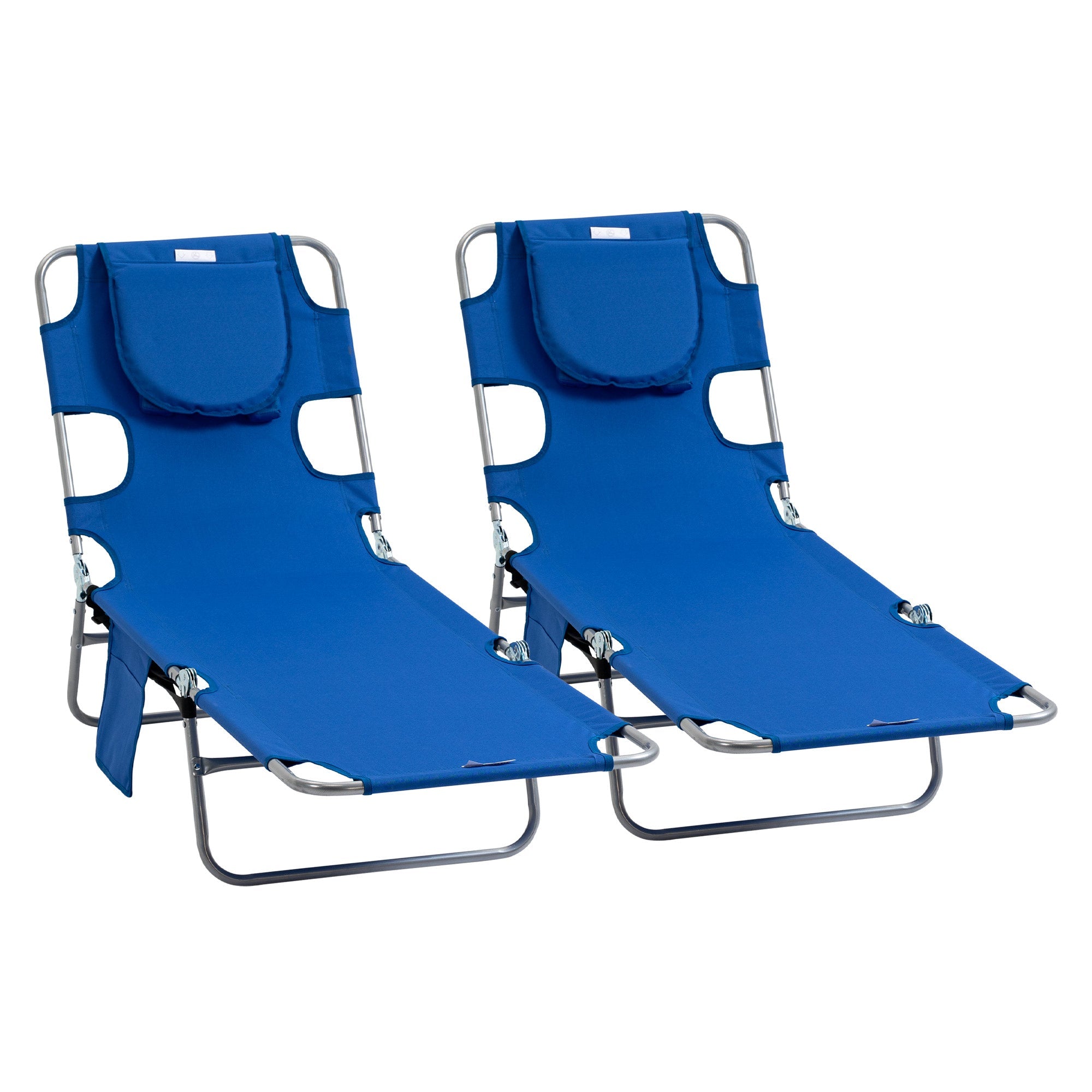 2 Pieces Foldable Sun Lounger with Reading Hole, Portable Sun Lounger with 5 Level Adjustable Backrest, Reclining Lounge Chair with Side Pocket, Headrest Pillow, Blue-0