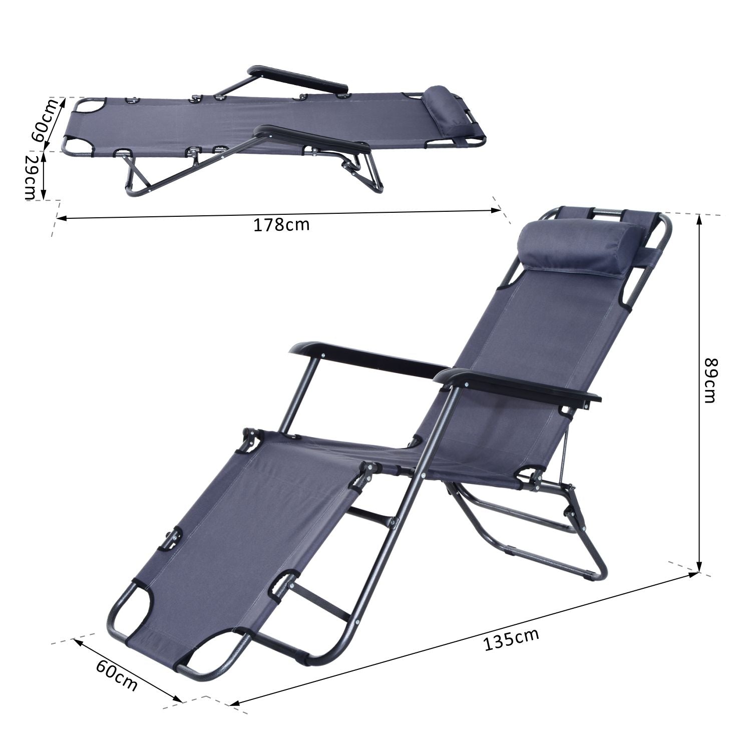 2 in 1 Sun Lounger Folding Reclining Chair Garden Outdoor Camping Adjustable Back with Pillow Grey-2