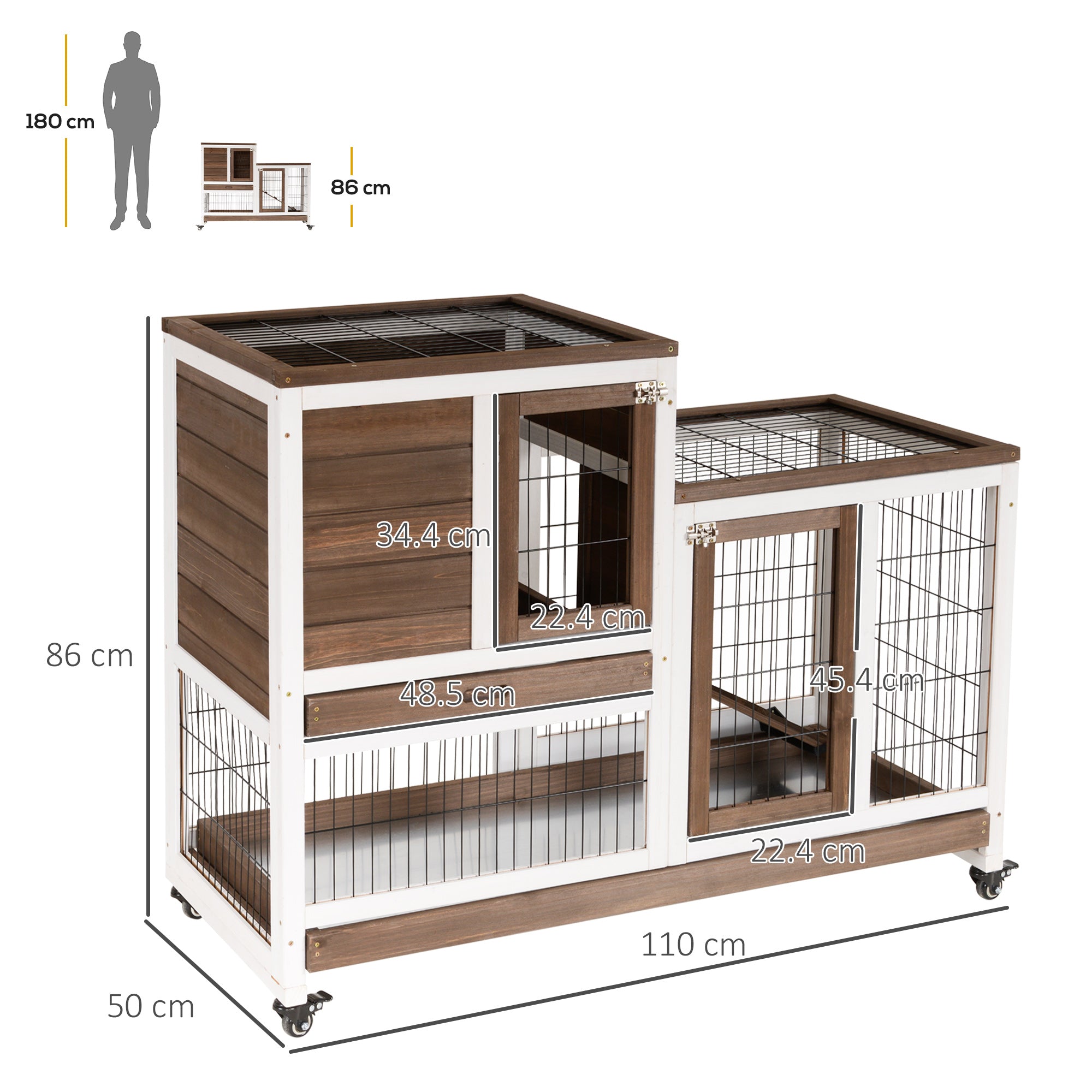 Wooden Indoor Rabbit Hutch Guinea Pig House Bunny Small Animal Cage W/ Wheels Enclosed Run 110 x 50 x 86 cm, Brown-2