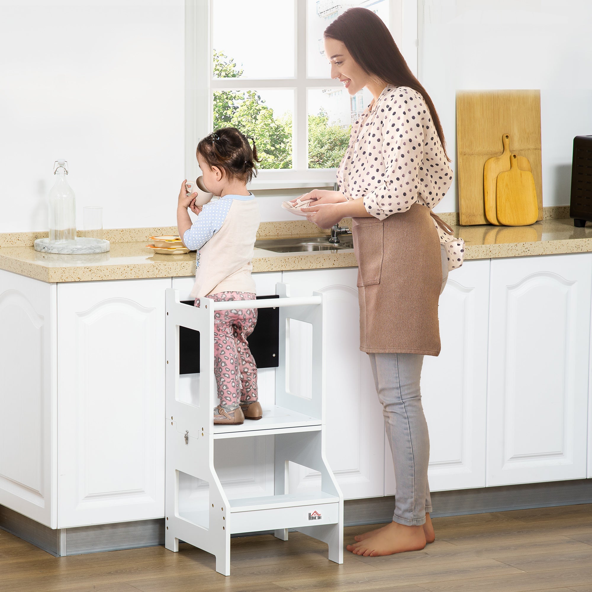 2-in-1 Kids Step Stool, Toddler Table and Chair Set, with Safety Rail Chalkboard Kitchen Helper Standing Tower, White-1