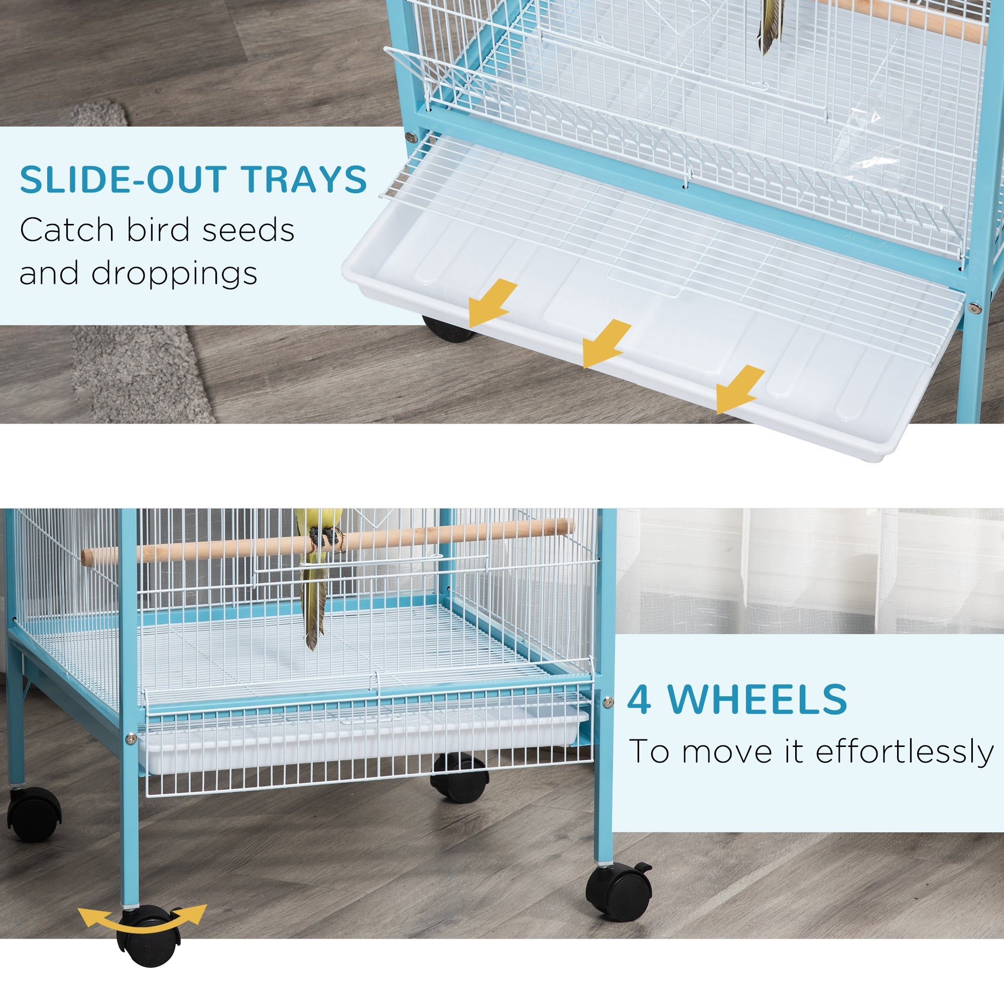 2 In 1 Large Bird Cage Aviary for Finch Canaries, Budgies with Wheels, Slide-out Trays, Wood Perch, Food Containers, Light Blue-4